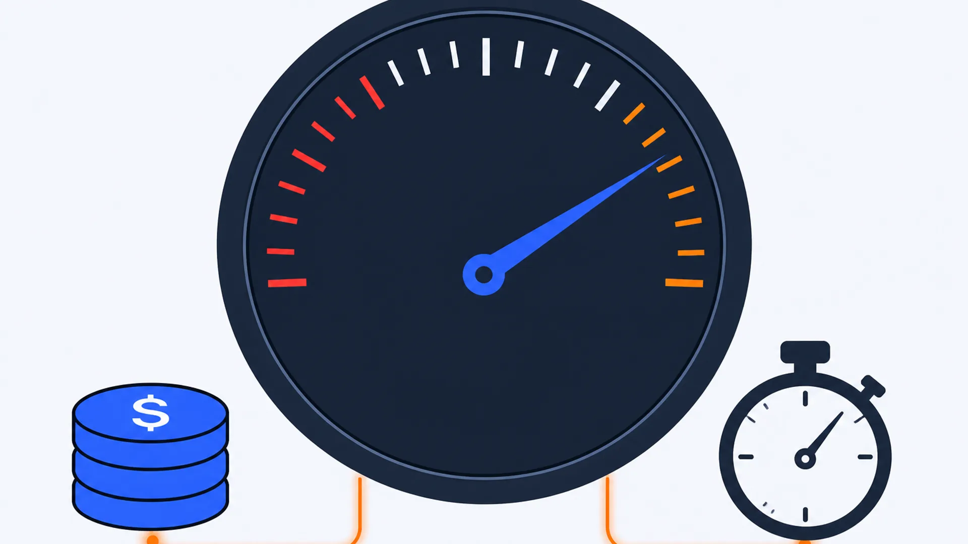 Flat editorial illustration, eye-level close-up, of a single large deep-slate gauge instrument at center with its brand-blue needle swept from a red zone into a brand-orange zone, flanked by a small stack of three flat blue coin disks on the left and a deep-slate stopwatch icon on the right, each connected to the gauge by a thin glowing orange line. No desk, laptop, phone, document tray, or coffee cup in the scene.