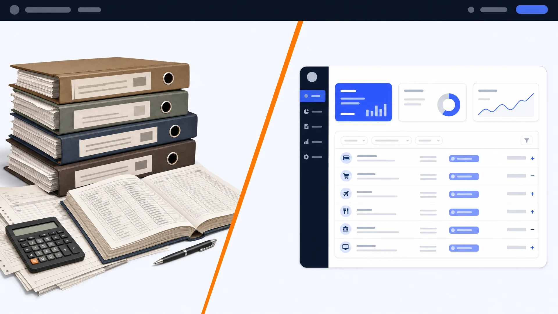 Flat editorial split illustration comparing traditional paper ledger binders on the left with a clean AI accounting dashboard on the right, separated by a brand blue diagonal stripe, on an off-white background