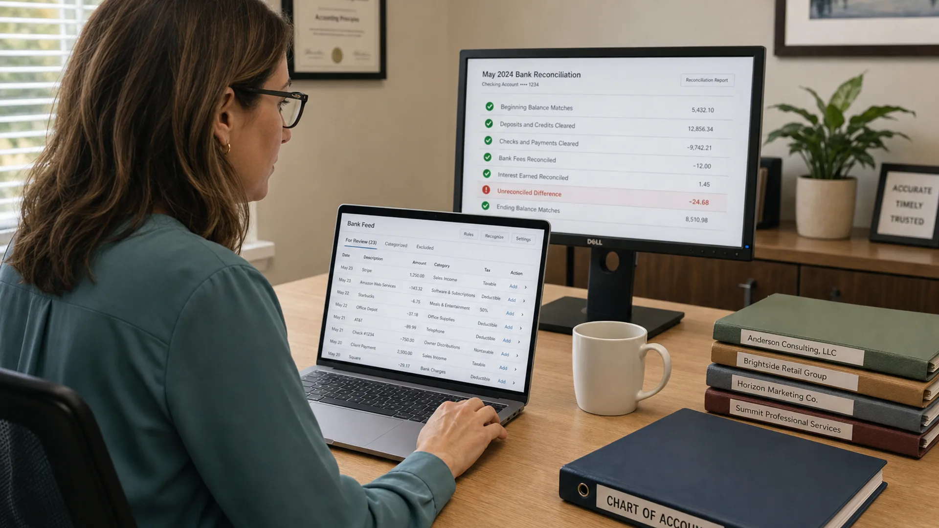 Eye-level view inside a small accounting office in soft afternoon light: a bookkeeper in a muted teal blouse reviews a bank-feed categorization screen on a laptop at a light oak desk, one hand resting near the trackpad; a second monitor behind her shows a reconciliation checklist with most items checked in green and one line flagged in soft red; a closed chart-of-accounts binder and a stack of client folders sit beside a plain white mug