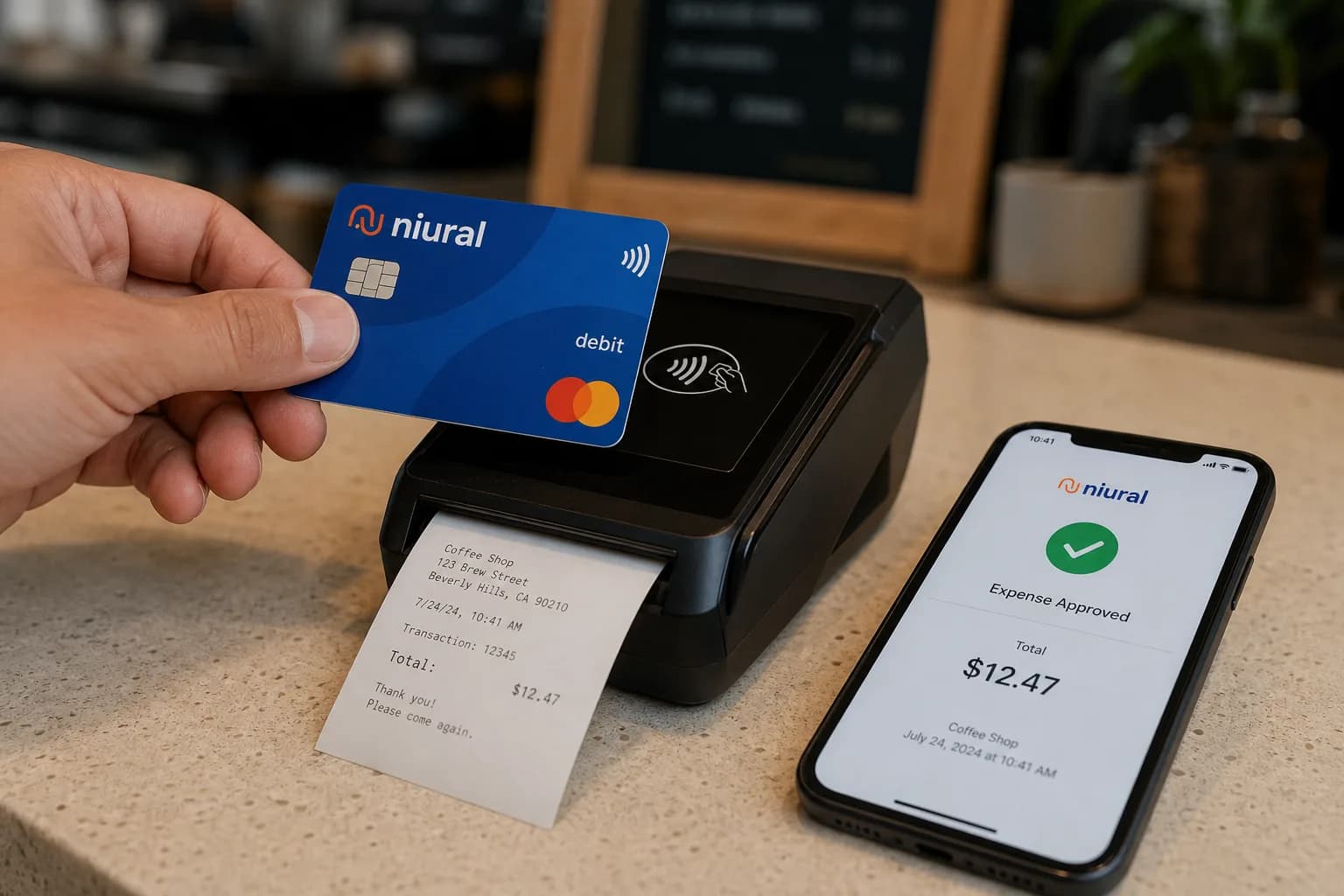 Close-up of a hand tapping a corporate debit card against a wireless payment terminal on a cafe counter, a paper receipt printing from the terminal, and a smartphone beside it showing an expense-approved screen with a green checkmark and the transaction total