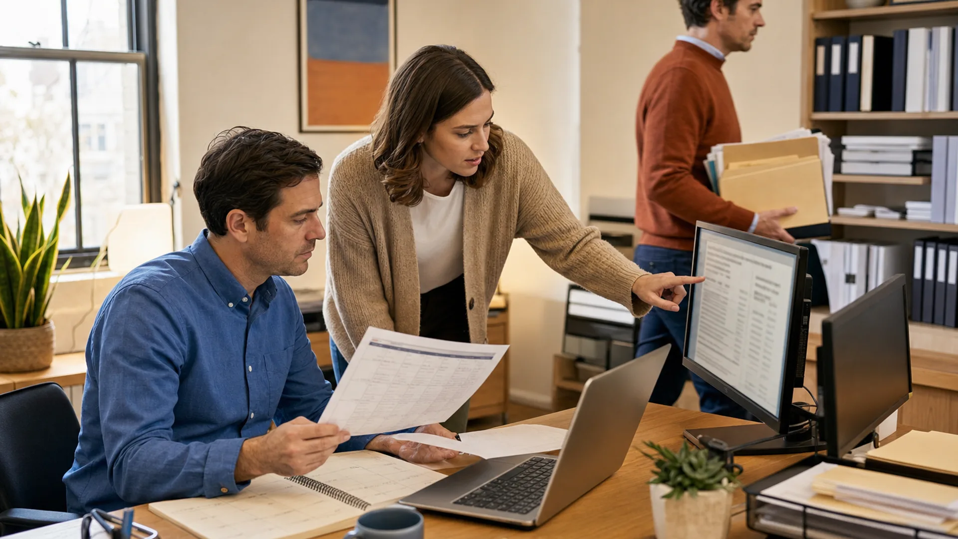 Inside a small busy US accounting firm in warm late-afternoon light: an accountant in a muted-blue shirt at a light oak desk checks a filing calendar and a printed tax document against a laptop, a colleague in an oatmeal cardigan leans in pointing at a second screen of deadline lists, and a third in a terracotta jumper carries labeled client folders past wooden shelves of binders