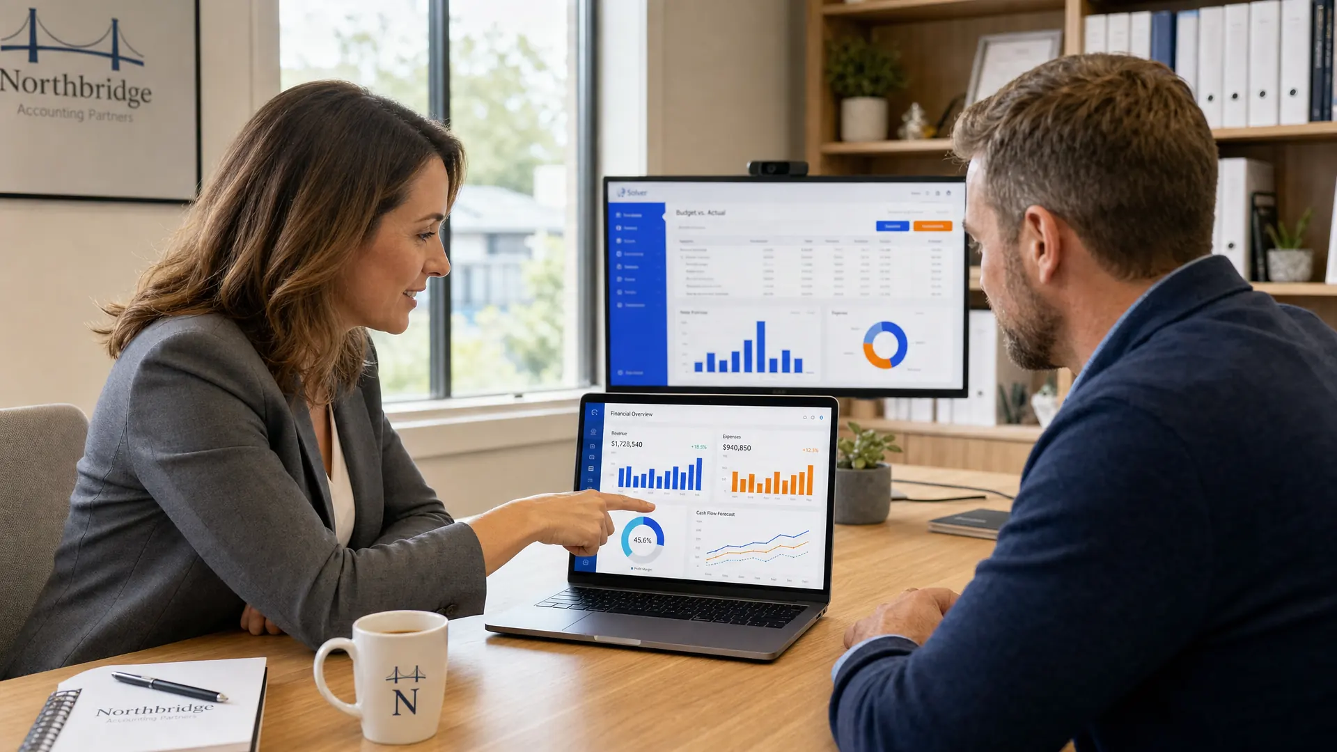 Inside a bright modern accounting firm, an advisor in a grey blazer sits beside a client at an oak conference table, both looking at a laptop displaying colorful financial dashboards with bar charts and forecast lines