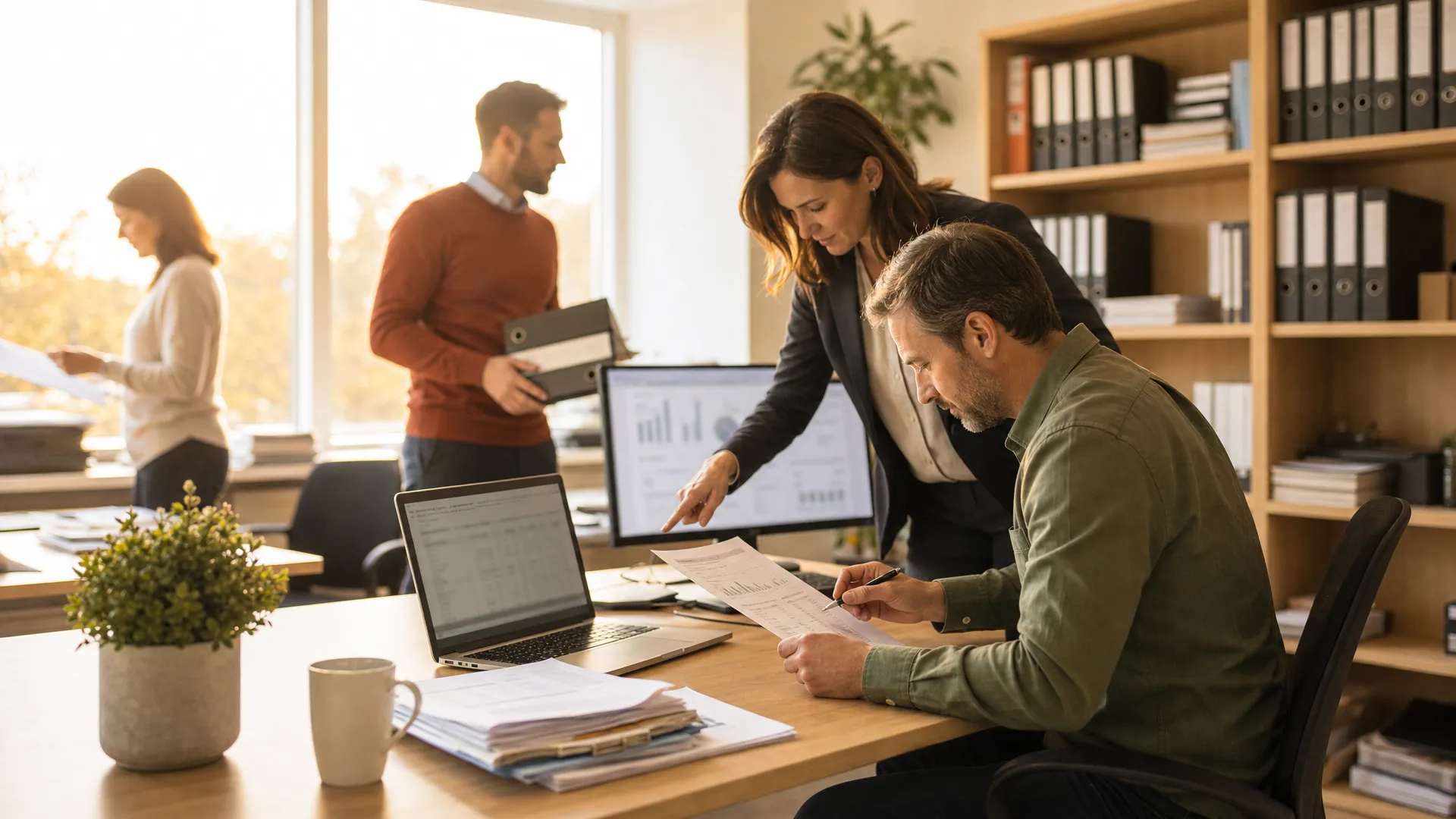 Inside a small busy US accounting firm in warm late-afternoon light: an accountant in an olive-green shirt at a light oak desk checks a printed financial document against a laptop with a pen in hand, a colleague in a charcoal blazer leans in pointing at a monitor showing soft-focus charts, a third accountant in a terracotta jumper carries client binders past wooden shelves, and a fourth reviews papers by the bright window