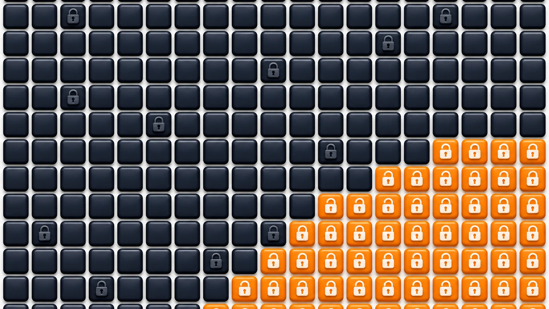 Overhead grid of deep-slate ledger tiles, one dense cluster carrying glowing orange open padlocks and scattered tiles elsewhere carrying small closed padlocks.