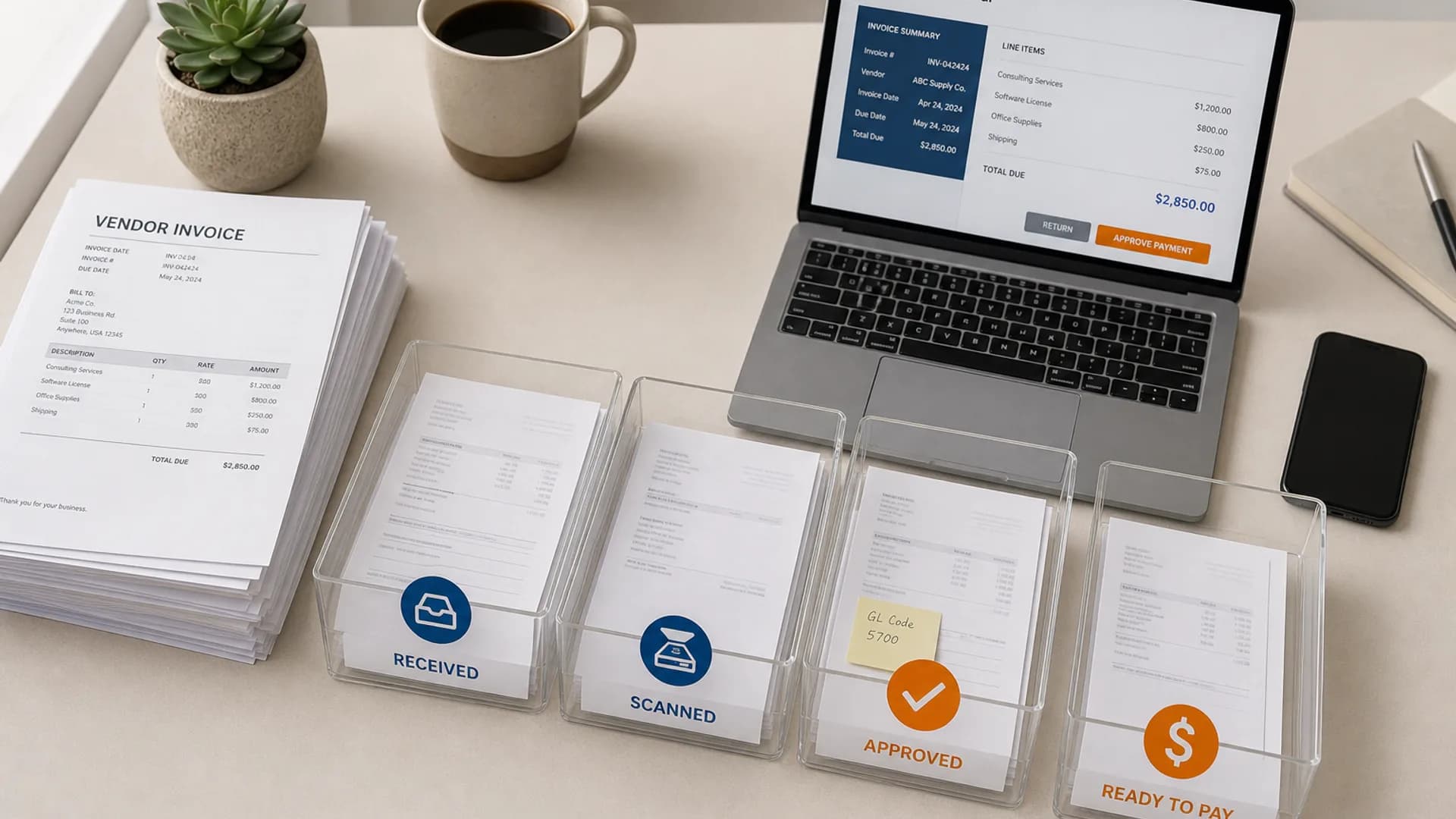 Overhead flat-lay of a bookkeeper's desk showing a stack of paper vendor invoices moving left to right through three translucent trays marked with a scan icon, a checkmark icon, and a dollar-sign icon, next to a laptop showing a simple payment-approval screen, a smartphone, and a ceramic coffee cup, on a warm off-white surface with brand blue and orange accents