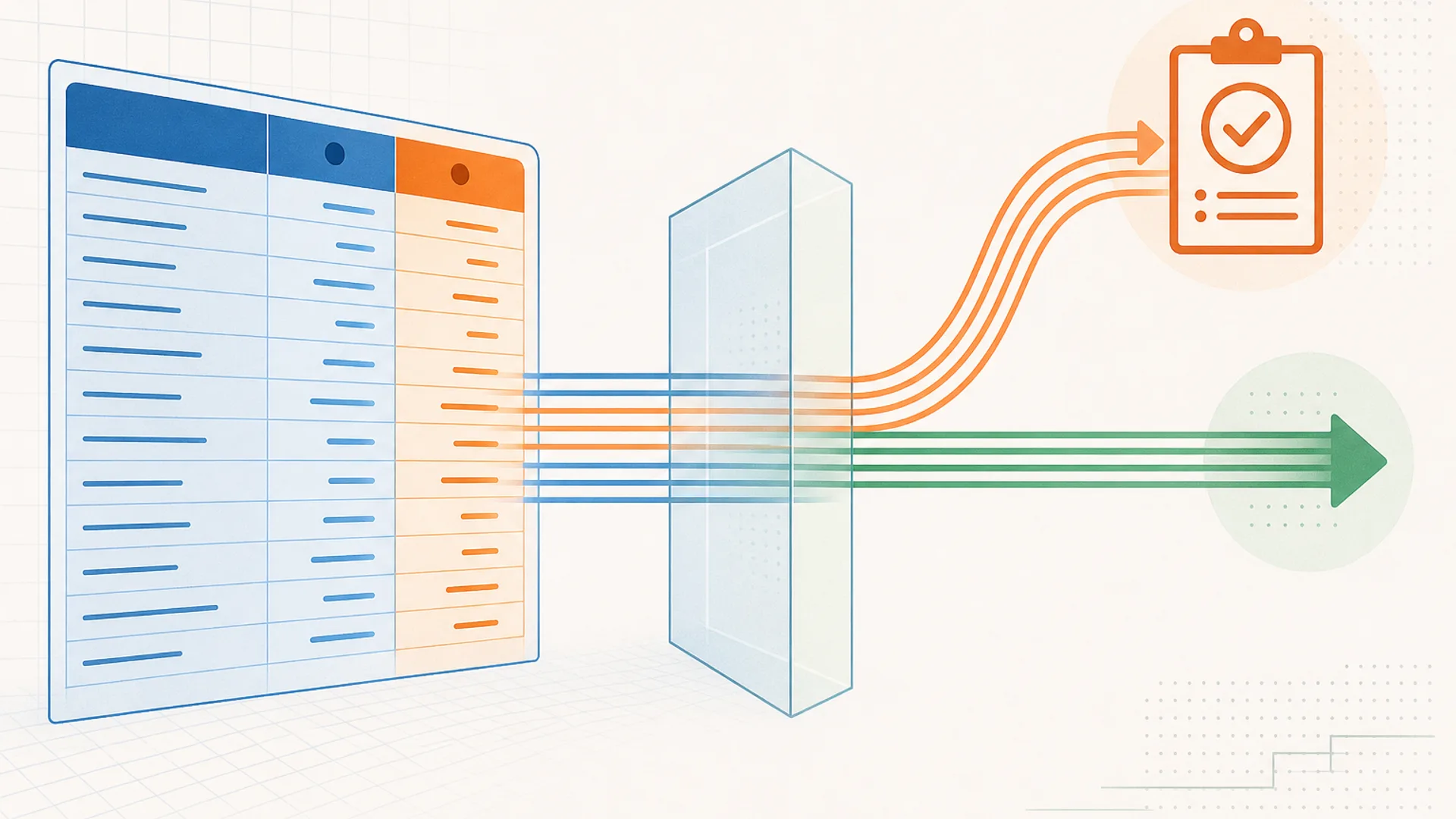 Abstract flat graphic illustration of a general ledger page with debit and credit columns in blue and orange, its rows flowing as lines through a translucent gate: one branch continues straight through in green toward an arrow, the other bends up toward a clipboard icon with a checkmark, representing entries that post automatically versus entries routed for human review