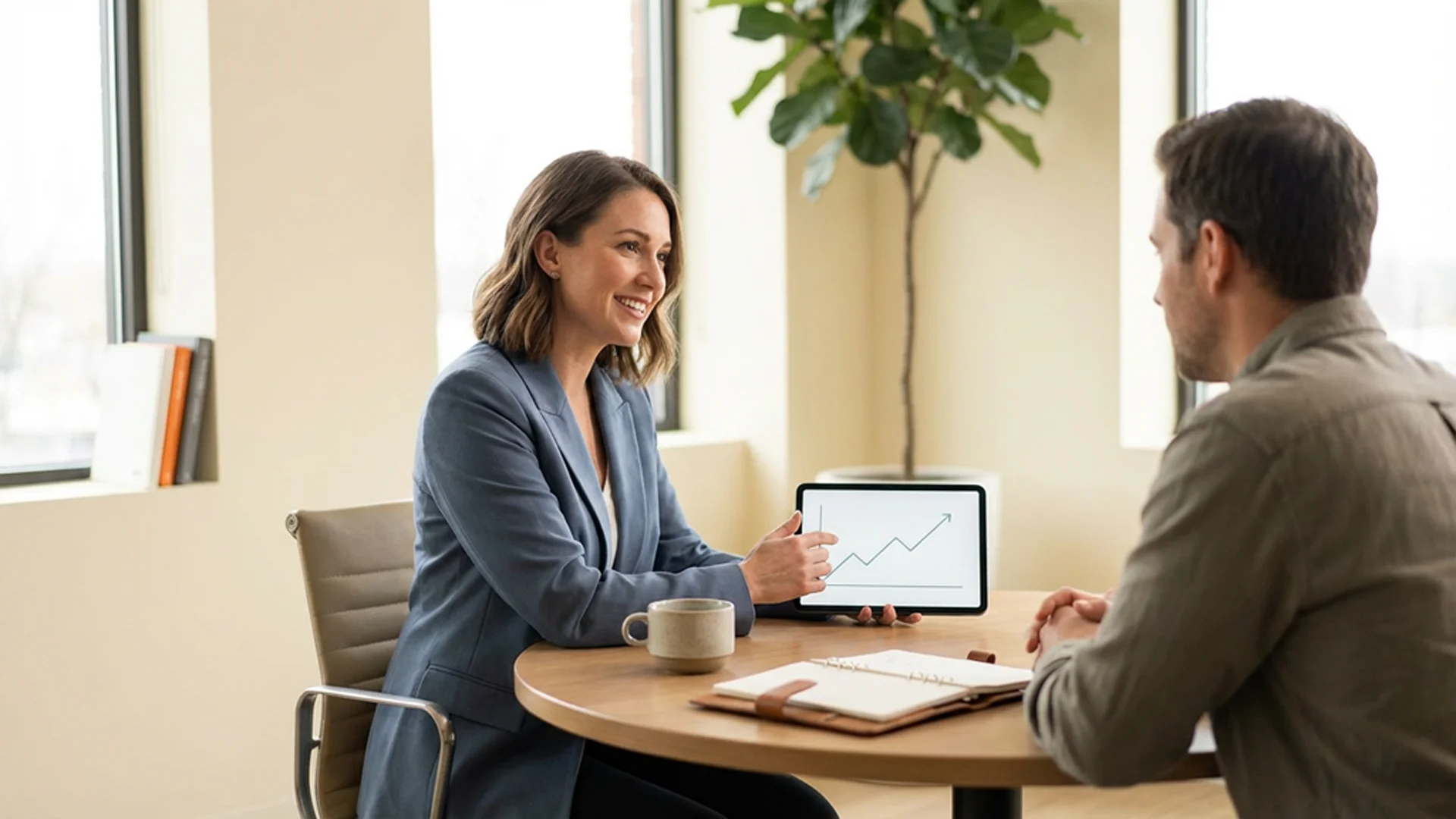An advisor explaining a growth chart on a tablet to a small-business client at a round meeting table in a bright modern office