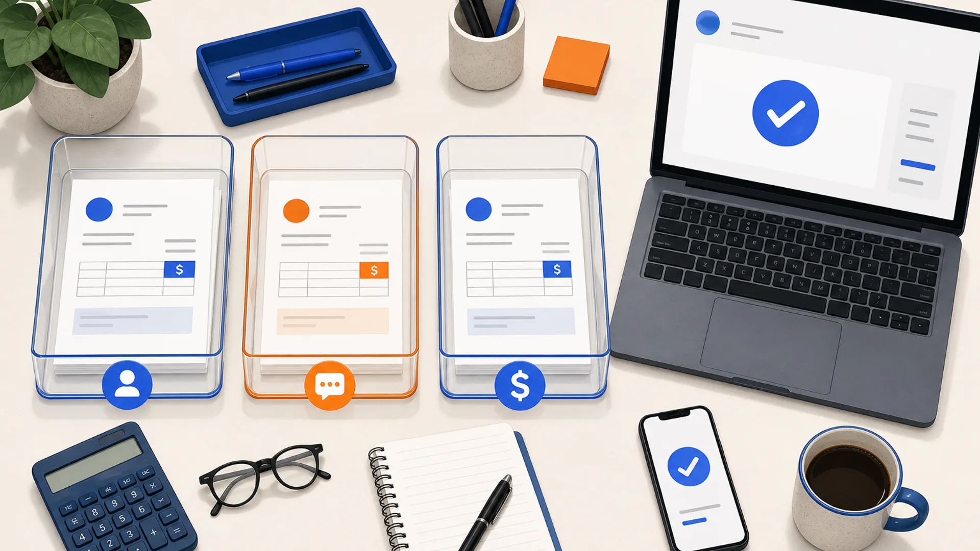 Overhead flat-lay of a bookkeeper's desk with three translucent approval trays labeled with a person icon, a chat-bubble icon, and a dollar-sign icon, next to a laptop showing a simple bill-approval screen and a smartphone, on a warm off-white surface with brand blue and orange accents