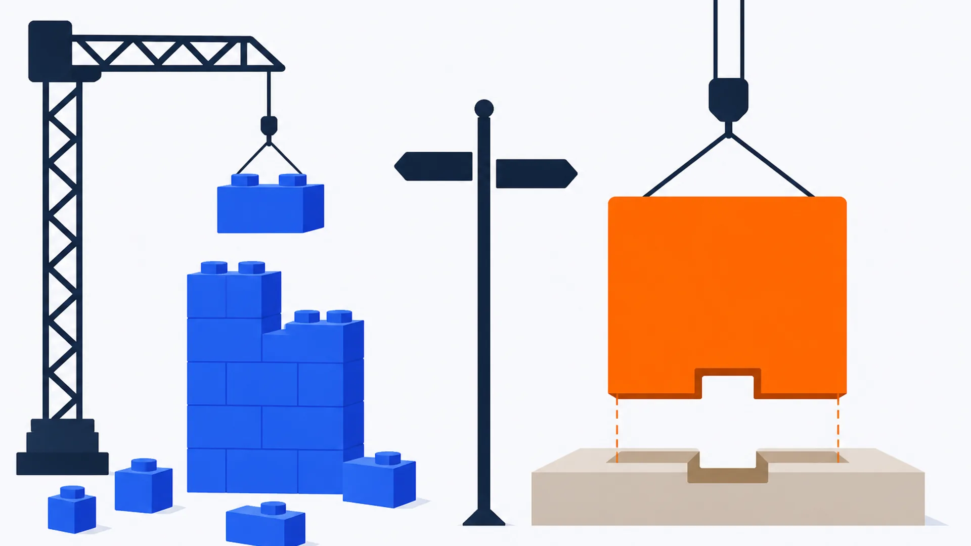 Flat editorial illustration, eye-level split-screen diptych on a warm off-white background: on the left, a deep-slate tower crane lowers a single brand-blue building block onto a half-built tower of stacked blue blocks, with loose blocks scattered at its base. On the right, a large brand-orange ready-made panel hangs from a crane hook and lowers whole toward a notched slot on a matching platform, with no loose pieces around it. A deep-slate signpost with two blank double-ended arms stands at the seam between the two halves. No desk, laptop, phone, document tray, or coffee cup in the scene.