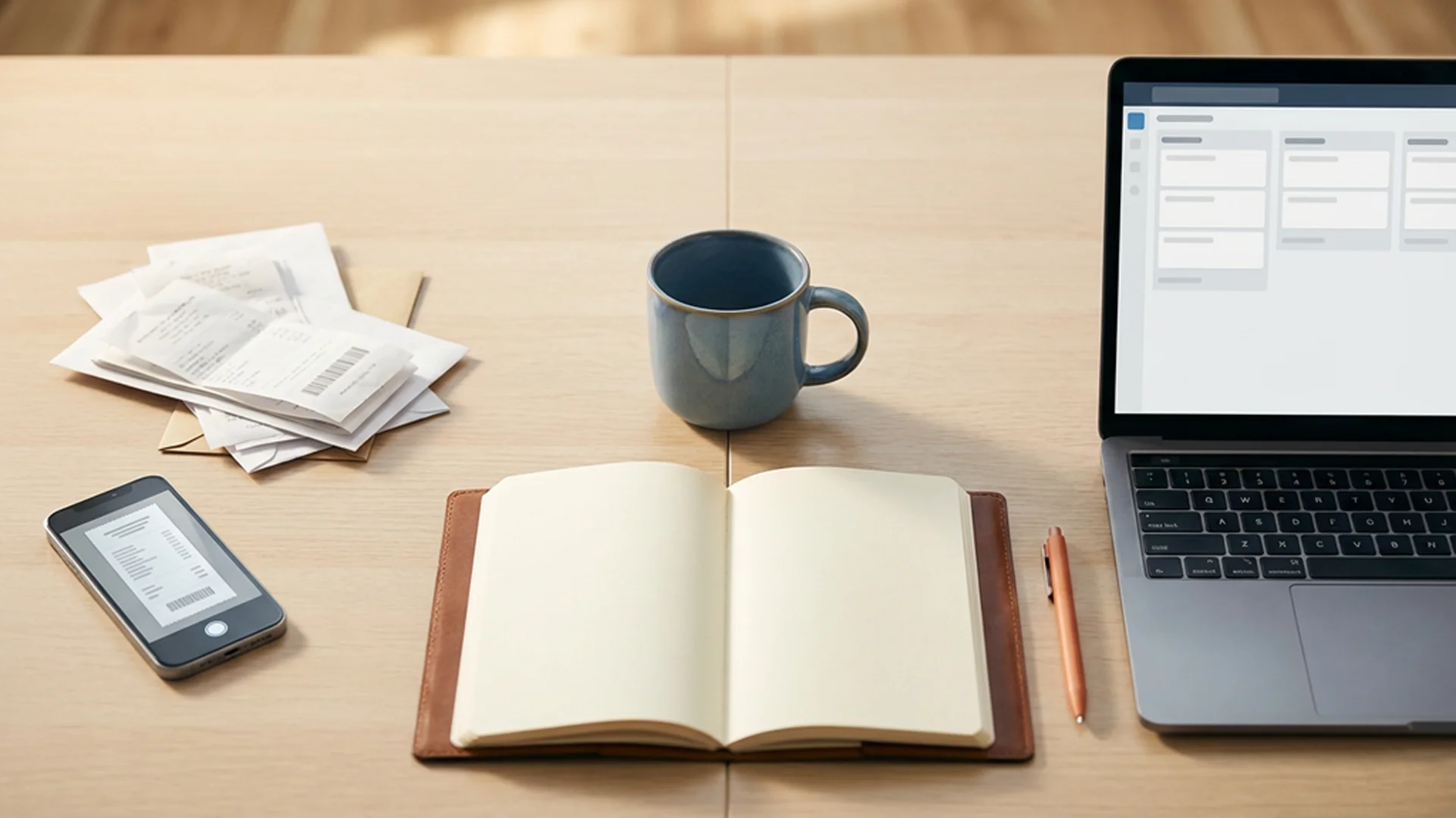 Overhead view of a clean wooden desk split into two workspaces, paper receipts and a smartphone on one side and a laptop showing a workflow board on the other