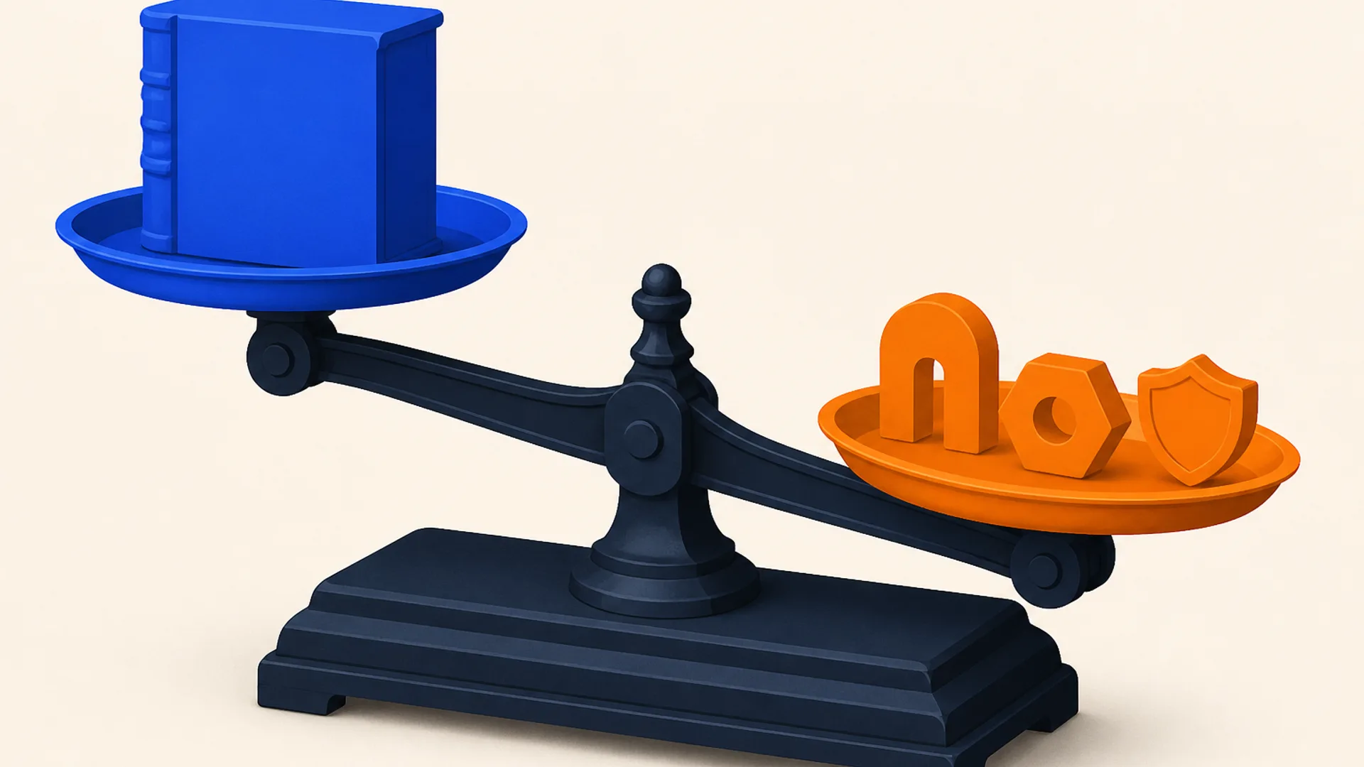 Close-up macro illustration of an old-fashioned two-pan balance scale on a warm off-white surface, viewed from a low three-quarter angle. The left pan in brand blue holds one large solid ledger-shaped weight; the right pan in brand orange holds three smaller distinct weights, an arch, a hexagonal nut, and a small shield, tipping the scale toward the right, rendered in flat editorial style with deep slate linework and no text