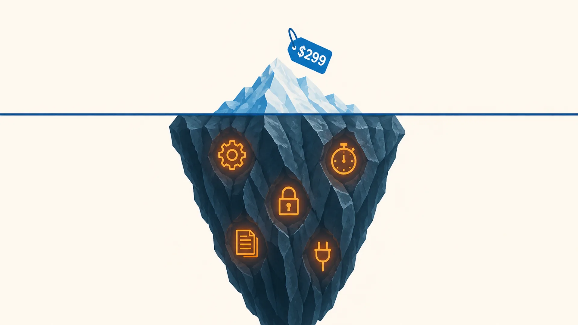 Flat editorial illustration, eye-level cross-section on a warm off-white background: a single iceberg sits on a thin horizontal brand-blue waterline in the lower half of the frame, with open space above it. Above the line, a small brand-blue price-tag tip shows a plain dollar figure, fully visible with clear margin above it. Below the line, a much larger jagged deep-slate mass extends downward, with five small glowing brand-orange icons embedded in the ice: a gear, a stopwatch, a padlock, a stacked-document icon, and a plug. No desk, laptop, phone, document tray, or coffee cup in the scene.