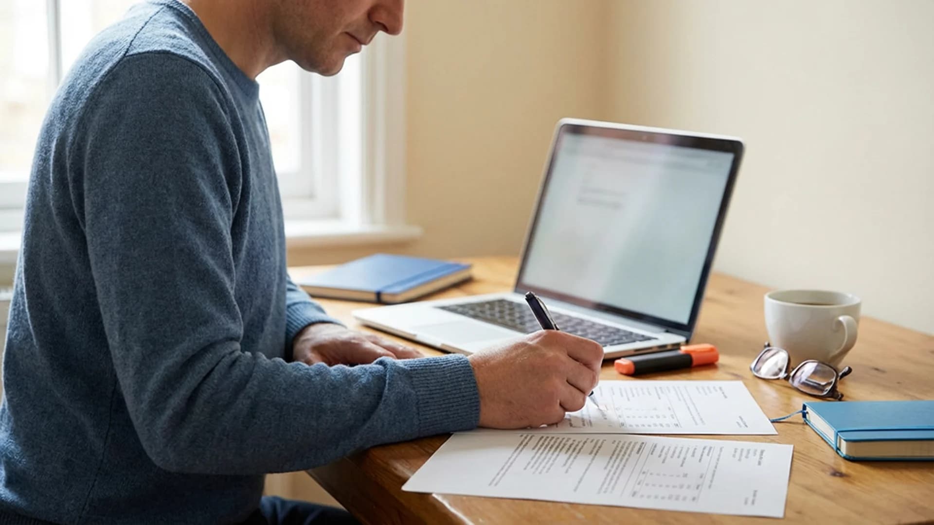 An accountant in a muted blue jumper at a warm-toned wooden desk, pen in hand, working through two printed documents side by side in front of a slim laptop, lit by soft natural daylight