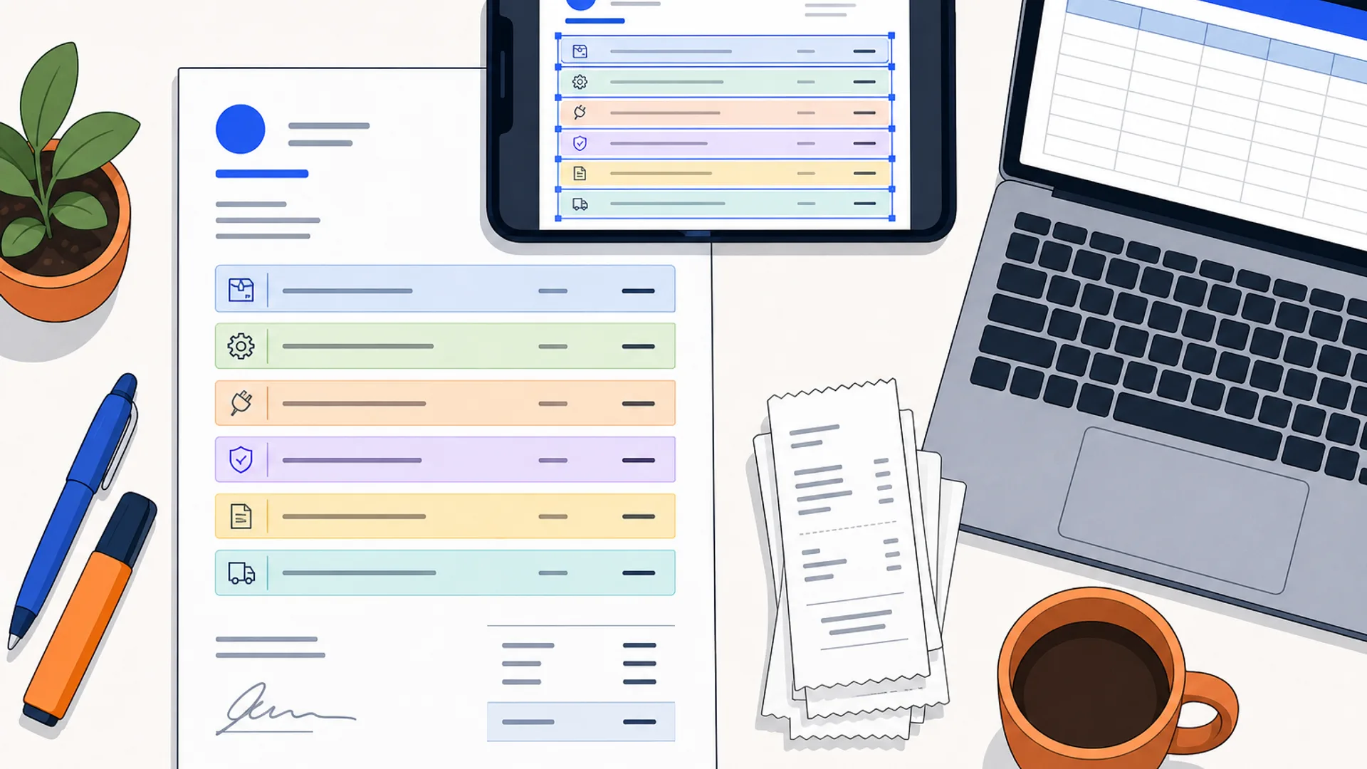 Overhead flat-lay of a multi-line supplier invoice on a desk with a smartphone above it showing a data-extraction overlay highlighting individual line items, next to a laptop displaying a spreadsheet and a cup of coffee, on a warm off-white surface with brand blue and orange accents