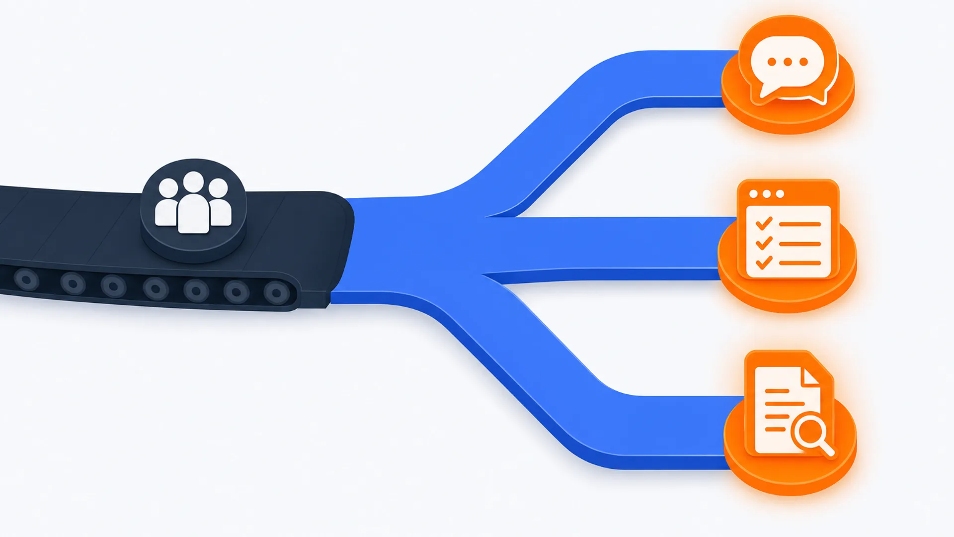 Flat editorial illustration, elevated three-quarter angle, on a warm off-white background: a single deep-slate conveyor belt enters from the left carrying a small group-of-people icon, then splits into three separate brand-blue lanes fanning toward the right. Each lane ends in a distinct glowing orange icon: a shared-inbox speech-bubble icon, a checklist-inside-a-window portal icon, and a document-with-a-magnifying-glass icon. No desk, laptop, phone, document tray, or coffee cup in the scene.