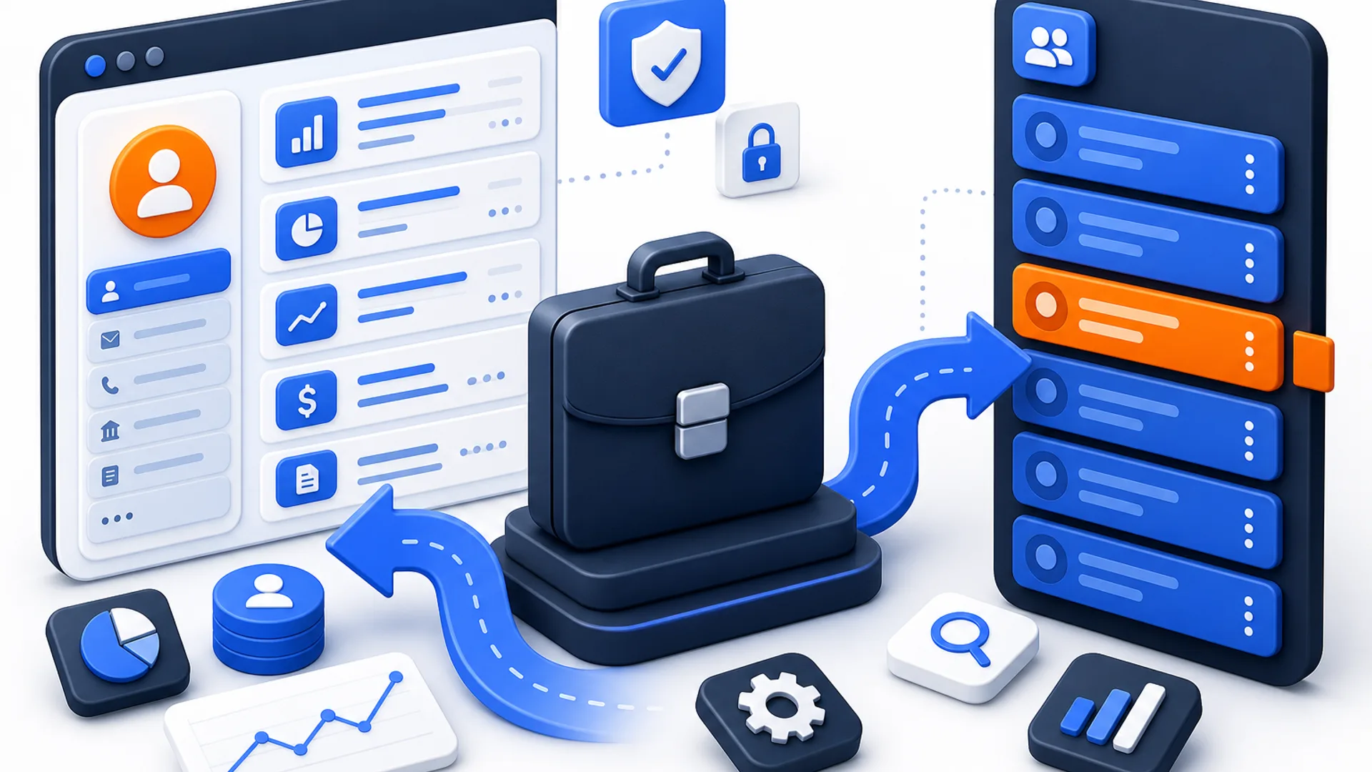 A dark briefcase between two blue arrows, one leading into a client account panel where an orange accountant badge sits among the data rows, the other out to a directory list with one row highlighted orange