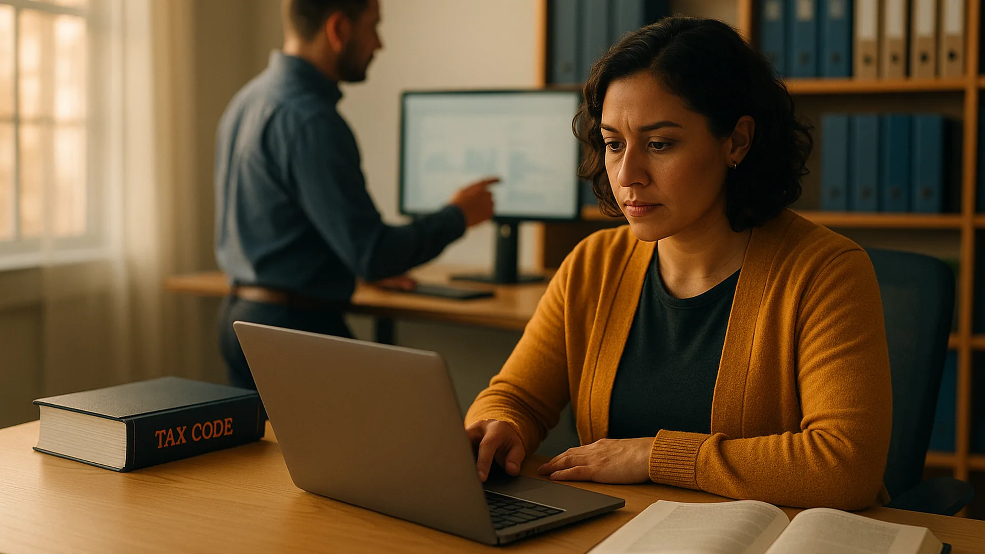 A US tax accountant in a mustard-yellow cardigan at a light oak desk reading a sourced answer on a laptop, an open tax code volume and a notepad beside the keyboard, a colleague in a slate-blue shirt checking a second screen, warm late-afternoon light through tall windows and wooden shelves of binders behind