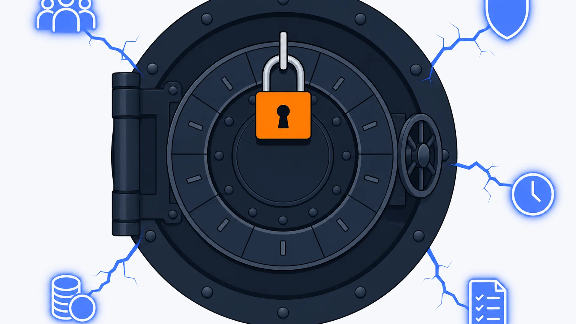 Close-up, front-on flat editorial illustration on a warm off-white background of a large deep-slate vault door at center, its dial styled as a twelve-month calendar ring with a brand-orange padlock fixed through the twelfth month. Five thin glowing brand-blue cracks radiate outward from the vault's edge, each ending in a small distinct icon breaking free: a group-of-people icon, a shield, a clock, a document checklist, and a coin stack. No desk, laptop, phone, or coffee cup in the scene.