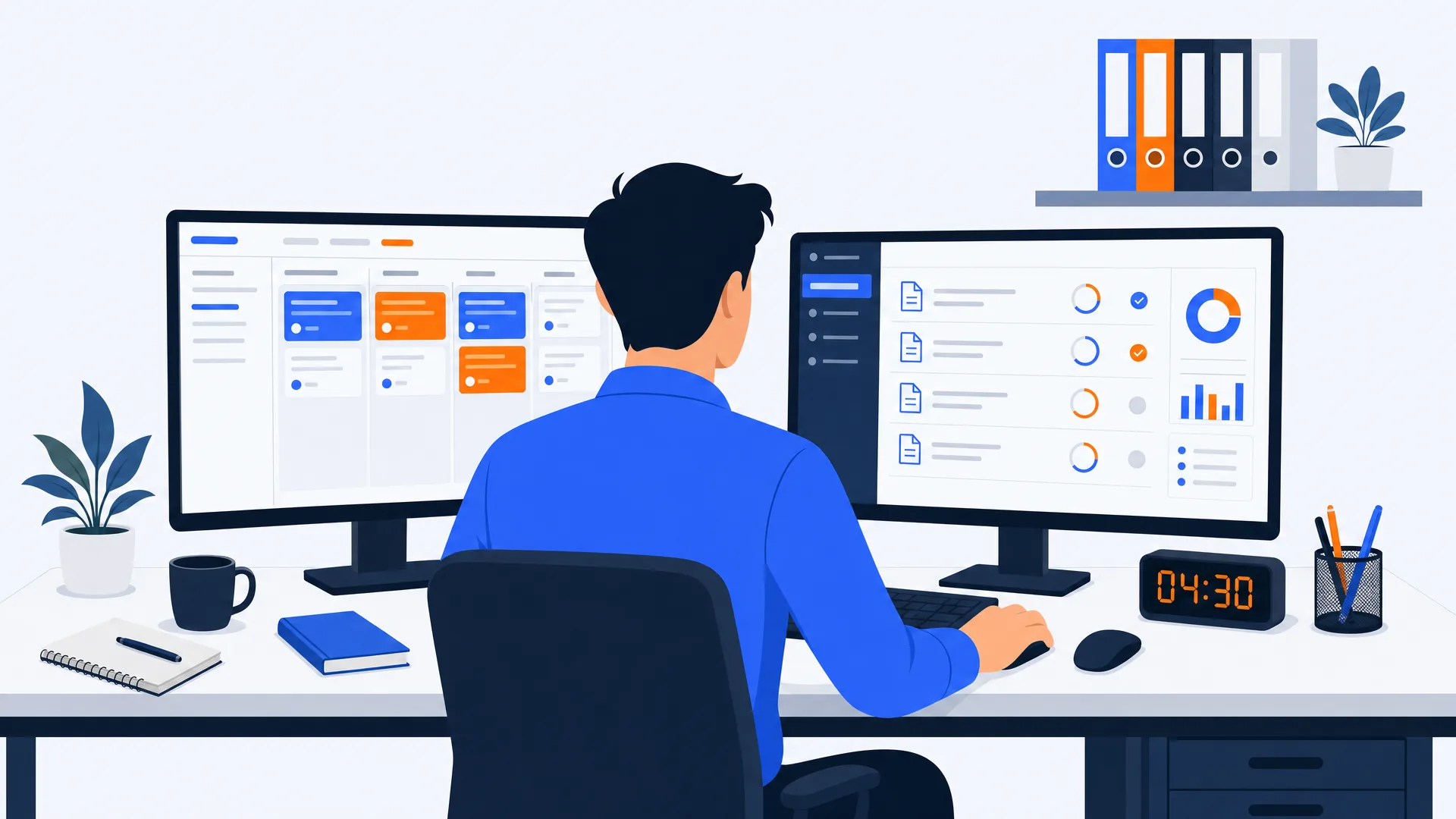 Flat editorial illustration of an accountant at an organized modern desk, two monitors showing a kanban workflow board with client job cards in blue and orange, and a client portal dashboard with document upload checklist