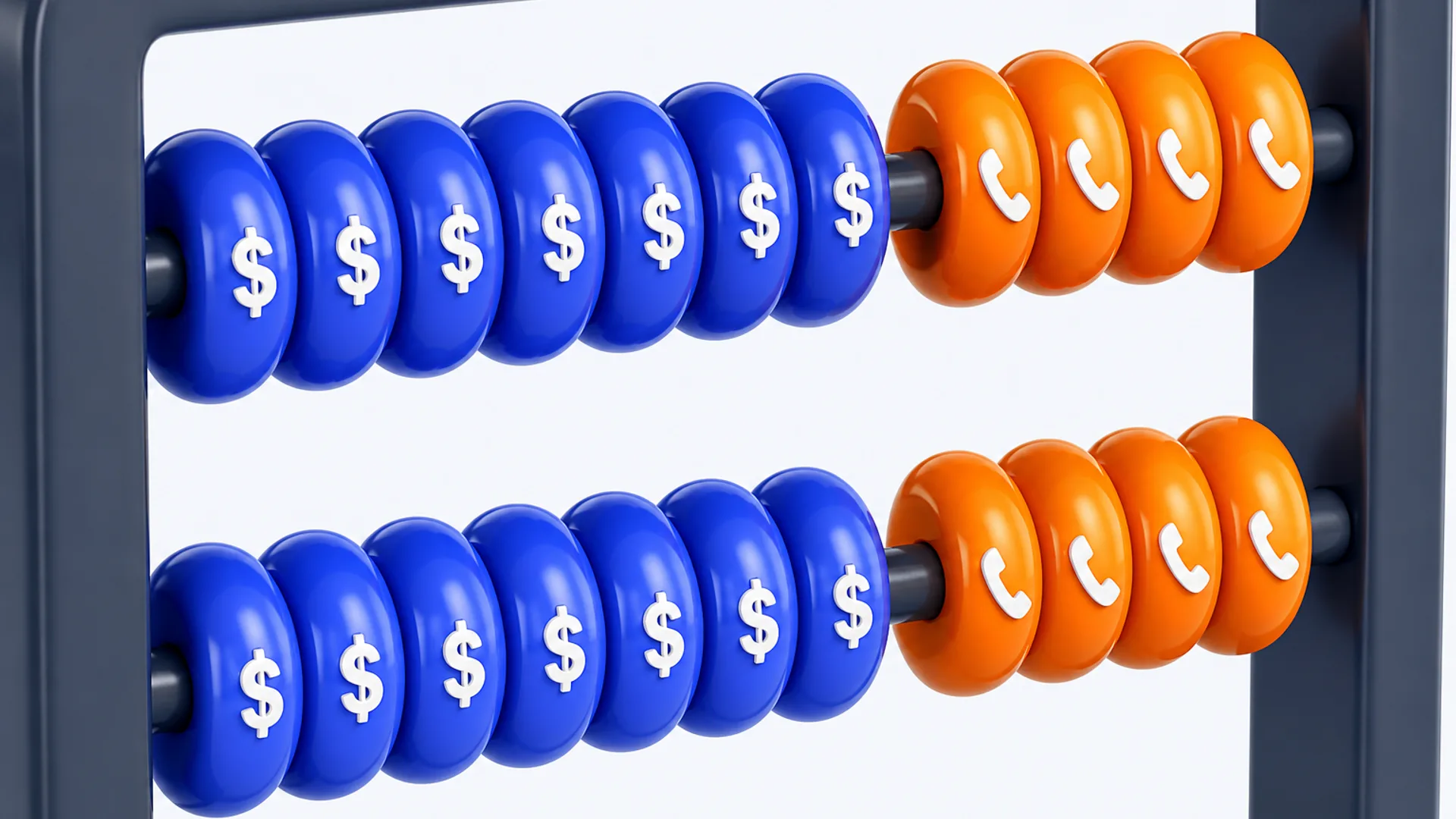 Close-up of an abacus with two separated bead clusters. Left cluster has seven blue beads marked with dollar signs, right cluster has four orange beads marked with phone handsets. Deep slate frame, no text.