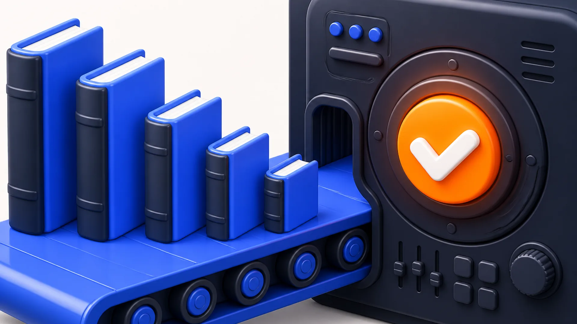 Five blue ledger books of descending height on a brand-blue conveyor belt feed into a large dark slate control panel with one glowing orange circular checkmark dial at its center, eye-level view, dense composition.