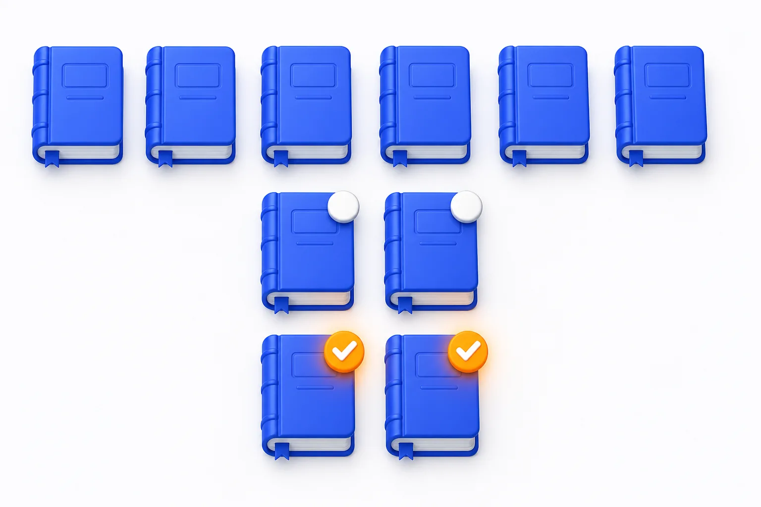 Three rows of identical blue ledger-book icons on a white background; top row six plain icons, middle row two icons with small white badges, bottom row two icons with glowing orange checkmark badges, illustrating three pricing groups.
