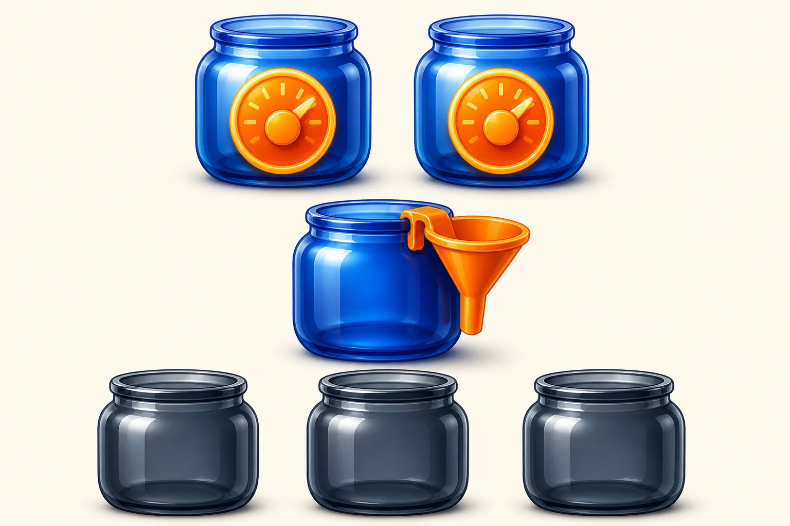 Three rows of glossy jar icons on an off-white background. The top row shows two blue jars each with an orange dial badge, representing platforms with fund tracking built in. The middle row shows one blue jar with a small orange funnel on the rim, representing a paid-tier workaround. The bottom row shows three plain dark jars with bare tops, representing no native fund tracking.