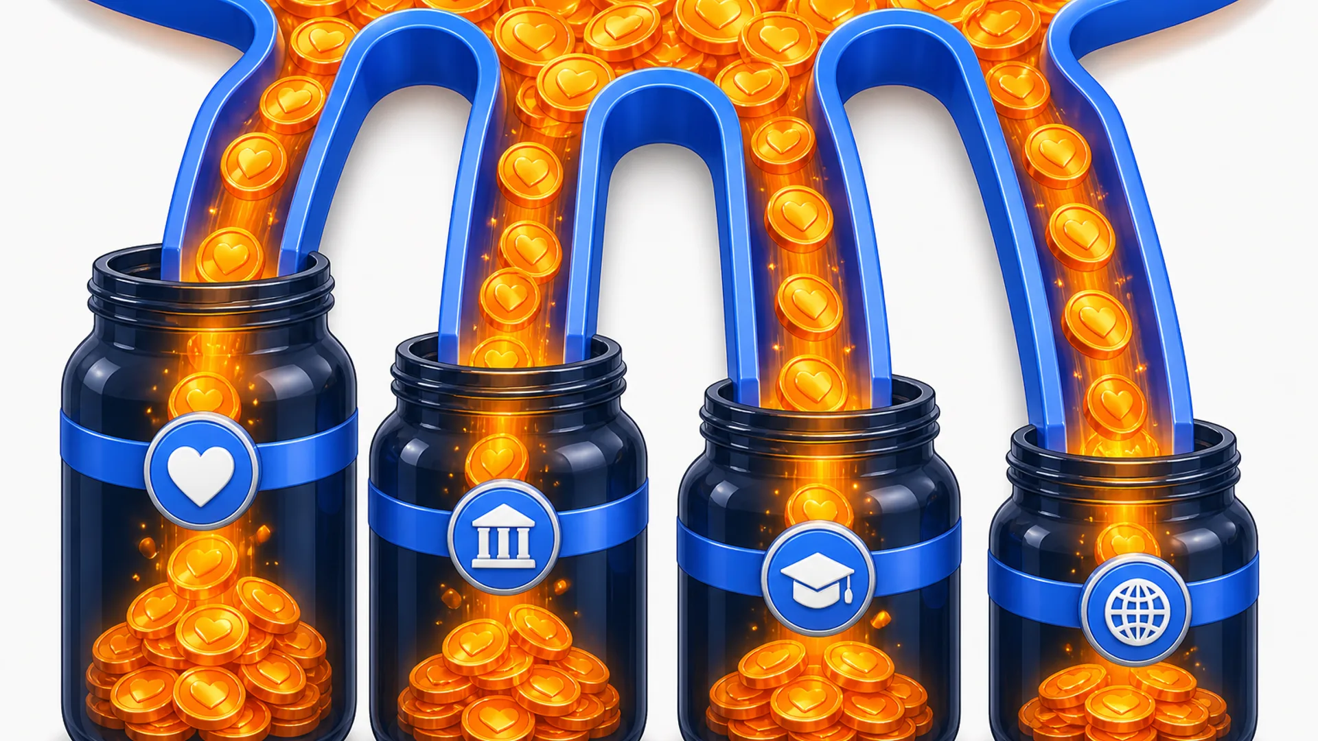 Four dark jars stand in a row on an off-white background. Each jar has a blue collar and a round white badge: a heart, a bank icon, a graduation cap, and a globe. A wide stream of orange coins stamped with small hearts falls from the top of the frame and splits into four lit tubes, each feeding a separate jar. Each jar already holds a small pile of coins. The frame is packed edge to edge with no other elements.