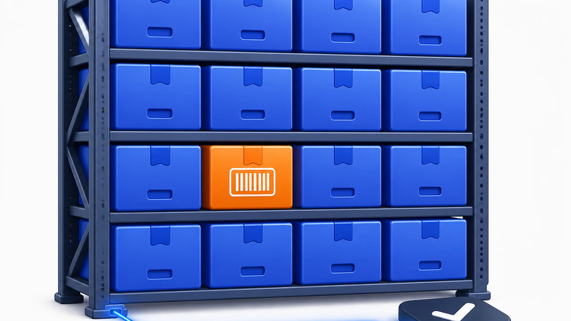 Isometric warehouse shelving with glossy blue boxes and one orange box with a barcode icon, connected by a glowing line to a small tablet with a checkmark.