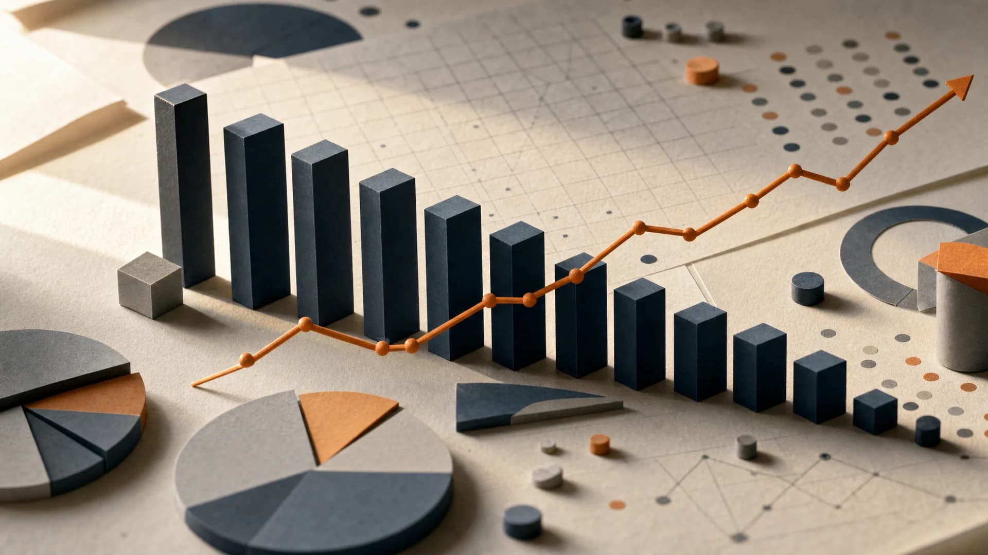 Abstract data visualization with declining slate-blue bar chart intersected by a rising orange line, pie chart segments and dot plots on a warm cream paper background
