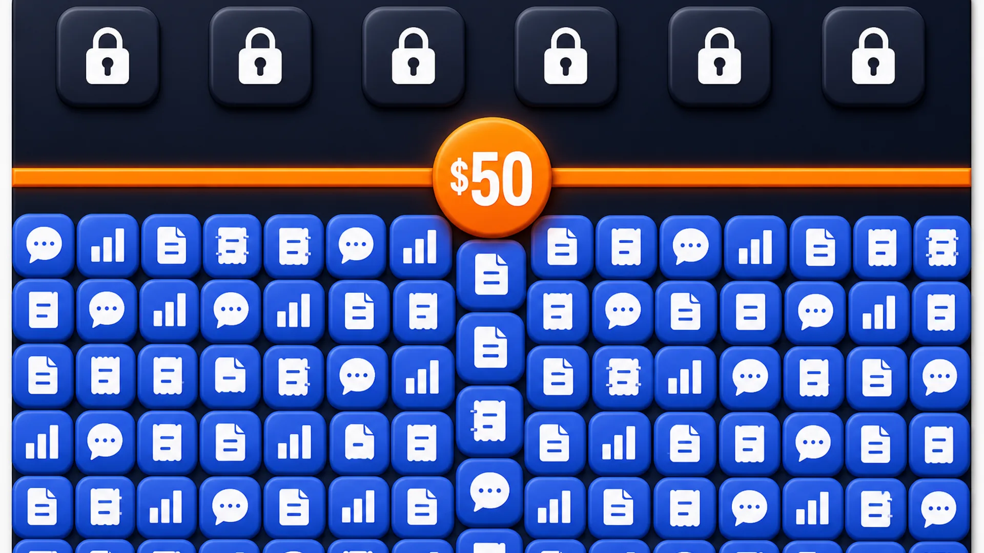 A full-frame slate panel with rounded corners dominates the view. Across its lower third runs a glowing orange horizontal strip, and in the middle of that strip is a circular badge marked with a white "$50". Higher up, a row of six slate-toned badges, each showing a padlock, lines the width of the panel. The area below the orange strip is filled by a tight grid of small blue badges that continues to the bottom edge and repeats five icons: a chat bubble, a bar chart, a document, a receipt, and a ledger book. Only a narrow near-white border frames the whole panel.