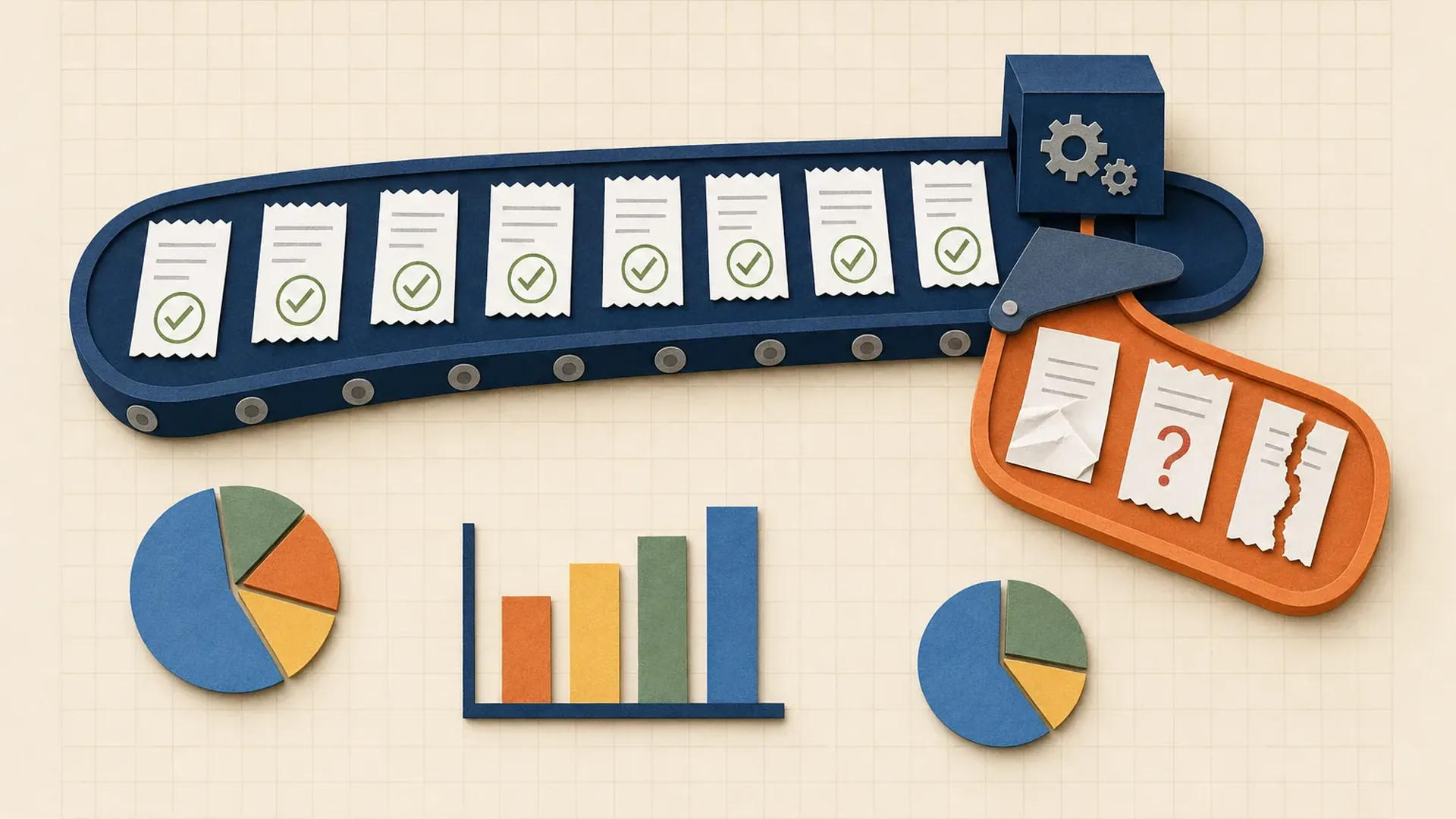 Paper-craft illustration of automated bookkeeping: a stream of paper receipts stamped with checkmarks moves along a navy conveyor channel, while three problem receipts, one creased, one marked with a question mark, one torn, are diverted onto a short orange side path, with small paper pie charts and bar charts on a beige grid background