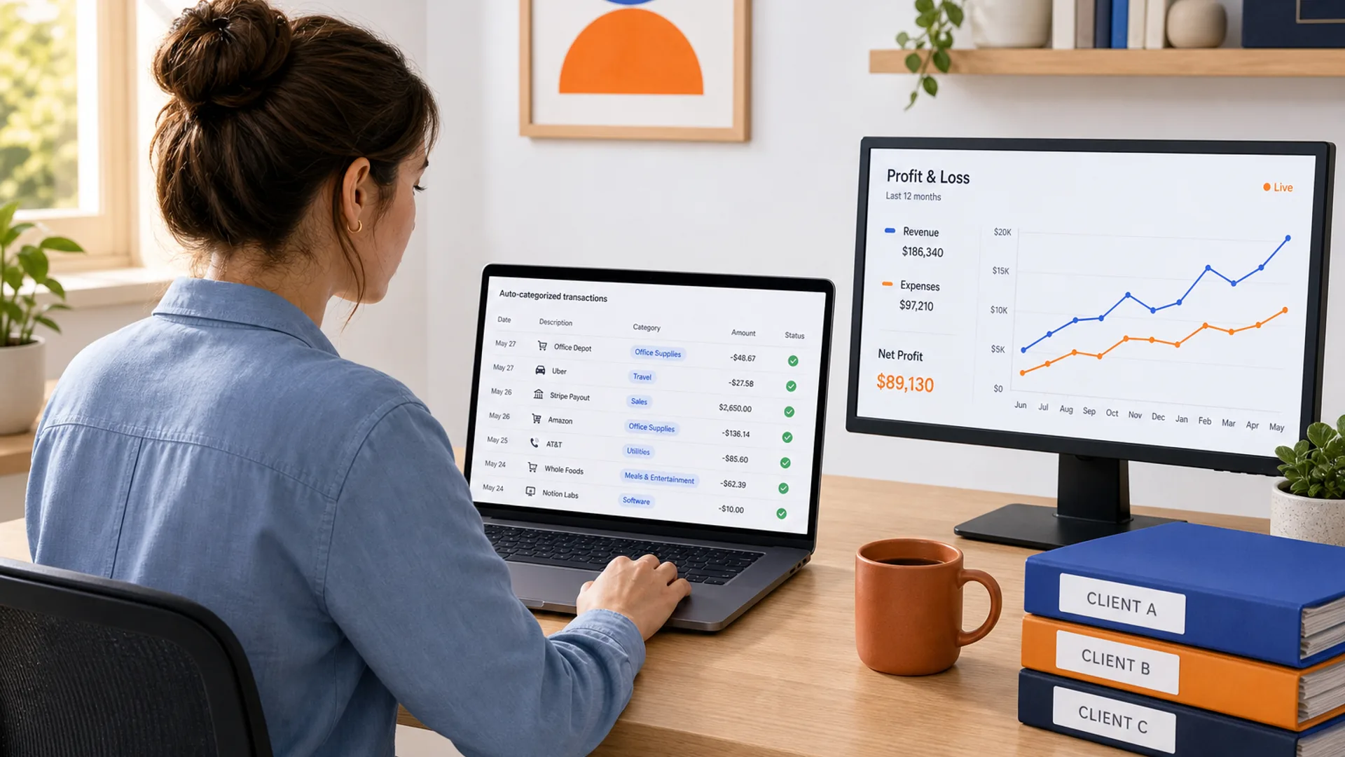 Eye-level view inside a small accounting office in warm morning light: a bookkeeper in a muted-blue shirt reviews auto-categorized transactions on a laptop while a second screen shows a live profit-and-loss chart, a coffee mug and a tidy stack of labeled client folders on the light oak desk