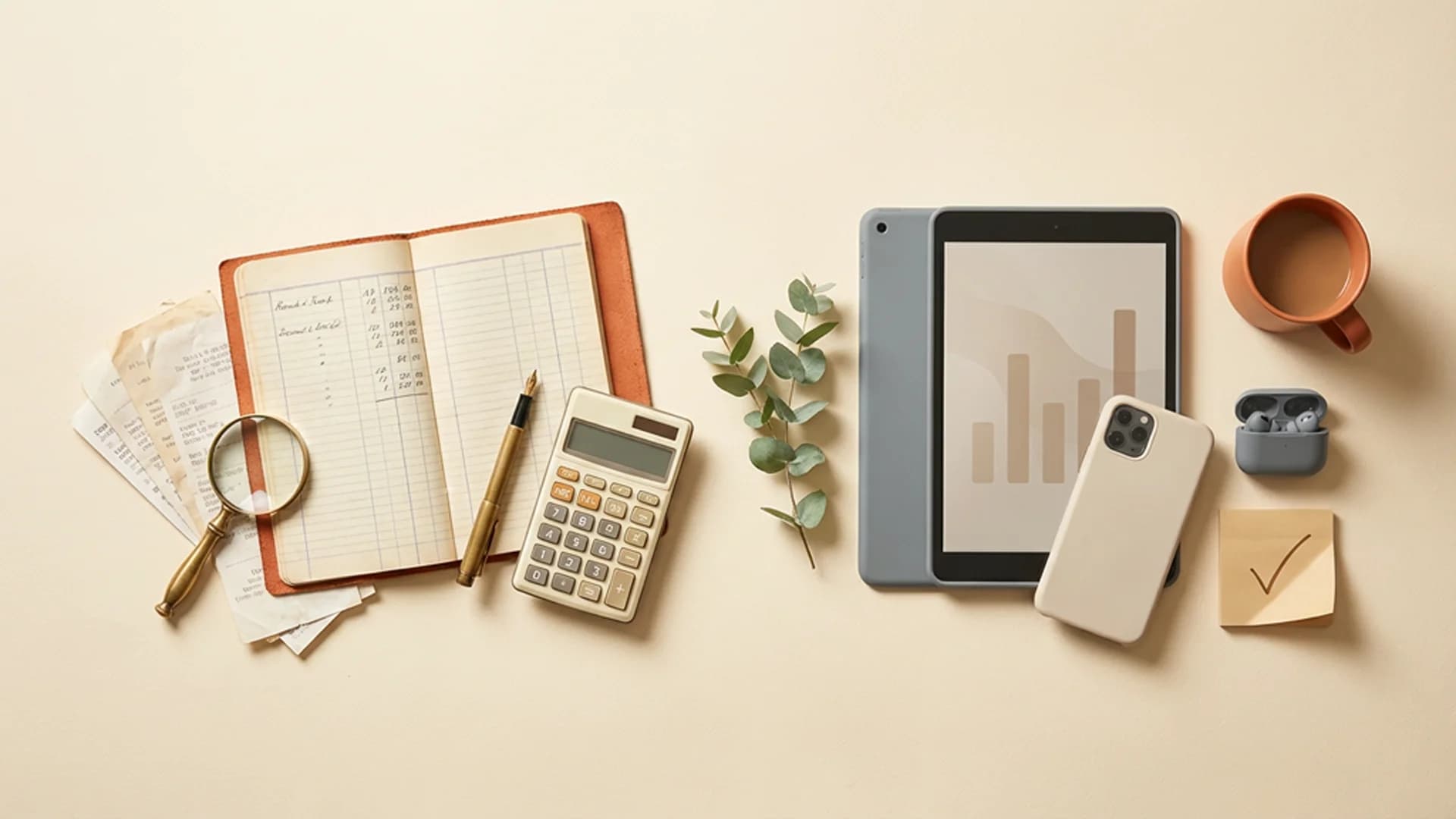 Top-down flat-lay of accounting objects on a warm cream surface: paper receipts, an open ledger notebook, a fountain pen, a basic calculator, and a brass magnifying glass on the left; a tablet, smartphone, earbuds, terracotta coffee cup, and sticky note on the right; a small eucalyptus sprig between them