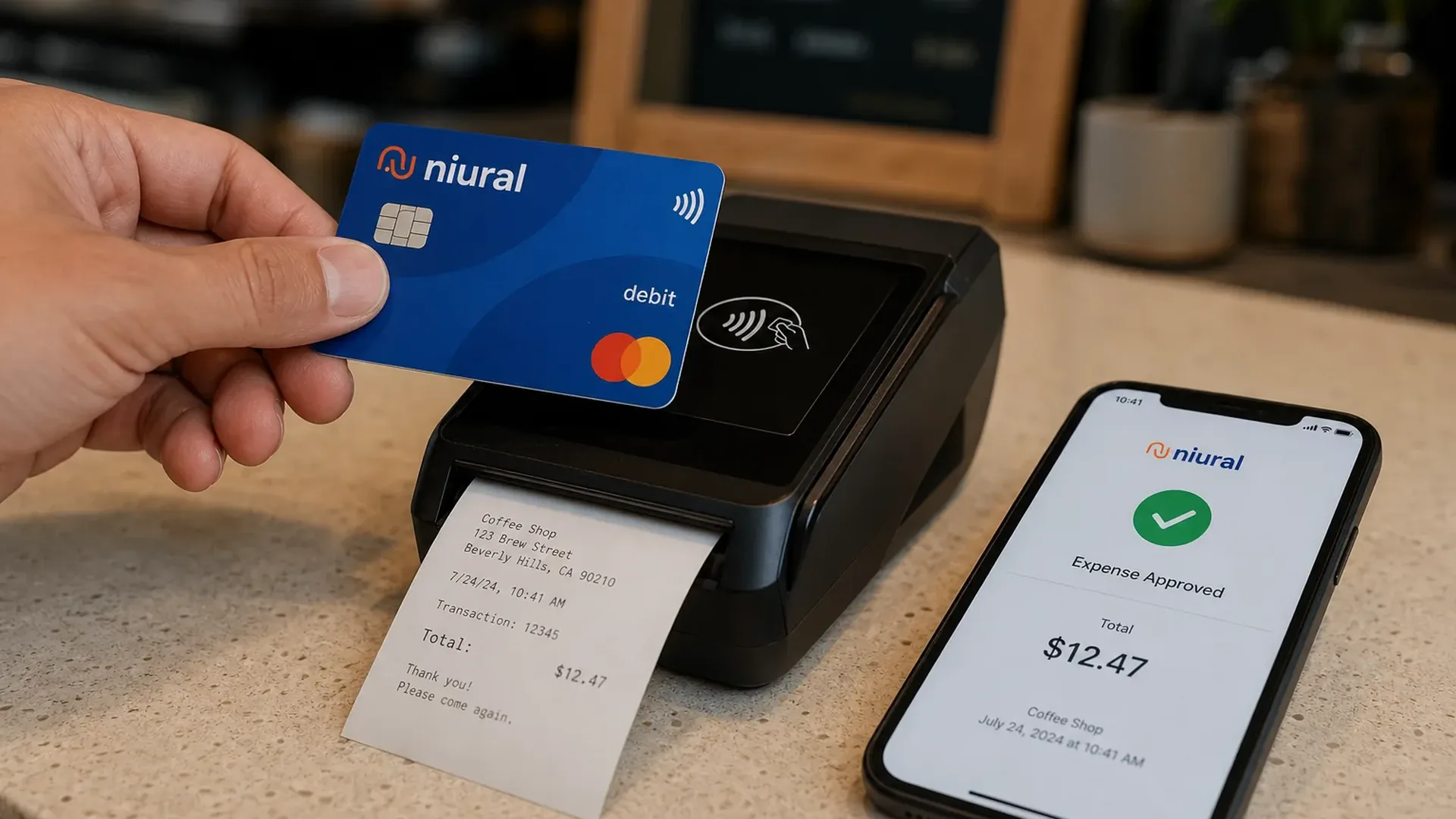 Close-up of a hand tapping a corporate debit card against a wireless payment terminal on a cafe counter, a paper receipt printing from the terminal, and a smartphone beside it showing an expense-approved screen with a green checkmark and the transaction total