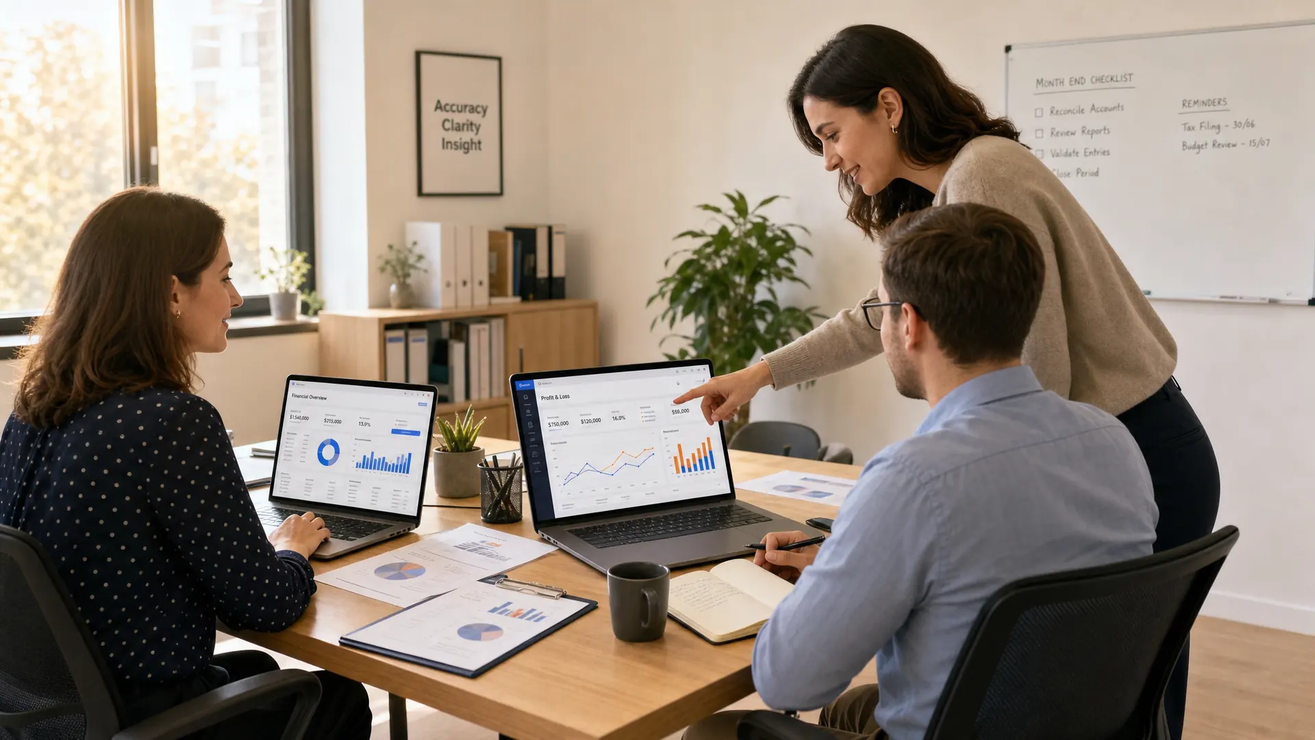 Three accountants in a modern airy office with light oak furniture, two seated at adjacent desks looking at laptops showing clean financial dashboards, one standing colleague pointing at a screen, afternoon light from large windows, calm professional atmosphere