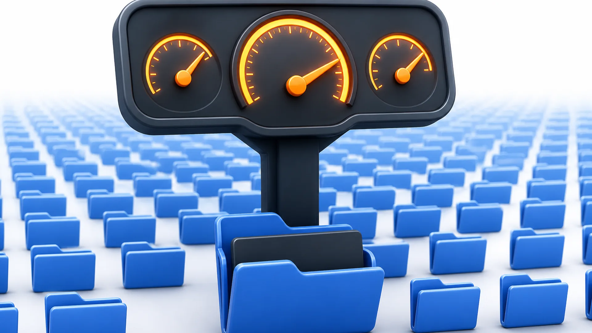 Three glowing dials on a control panel beside a field of closed folders, one folder open at the base.