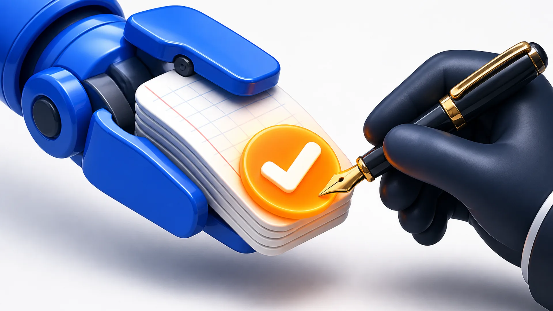 A blue robotic gripper arm holds and passes a small stack of ledger pages toward a dark-slate human hand holding a fountain pen, with an orange checkmark badge glowing at the handoff point in a tight close-up.