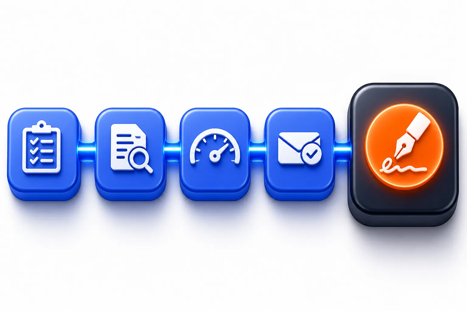 Five audit lifecycle stations: the first four are blue with icons for a checklist, document and magnifier, dial, and envelope with check; the fifth station is larger, dark slate with a glowing orange pen and signature badge