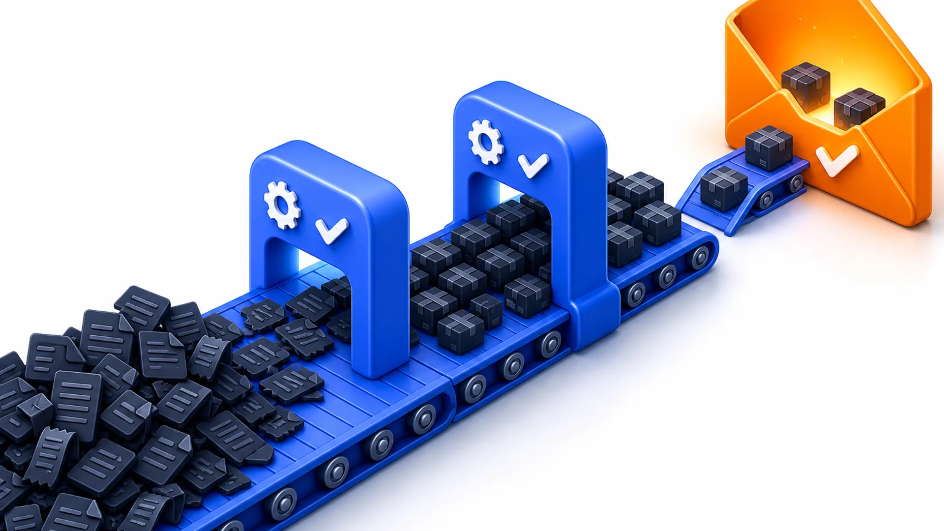 Isometric conveyor belt carrying small document icons through two arch-shaped stations. Most icons accumulate where the belt is broken; a few cross a short ramp into a glowing orange open-envelope badge.