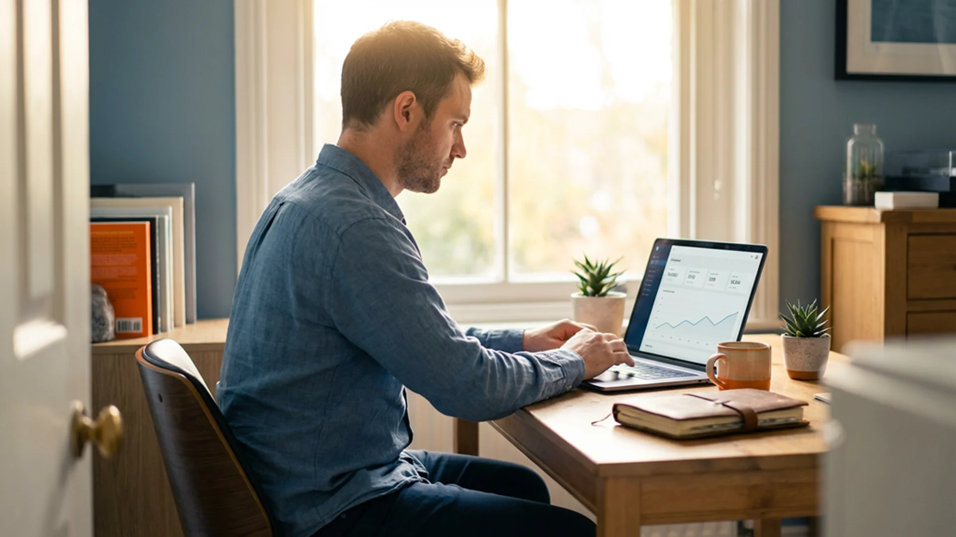 A solo accountant working at a sunlit wooden desk in a small home office, reading a clean dashboard on a laptop