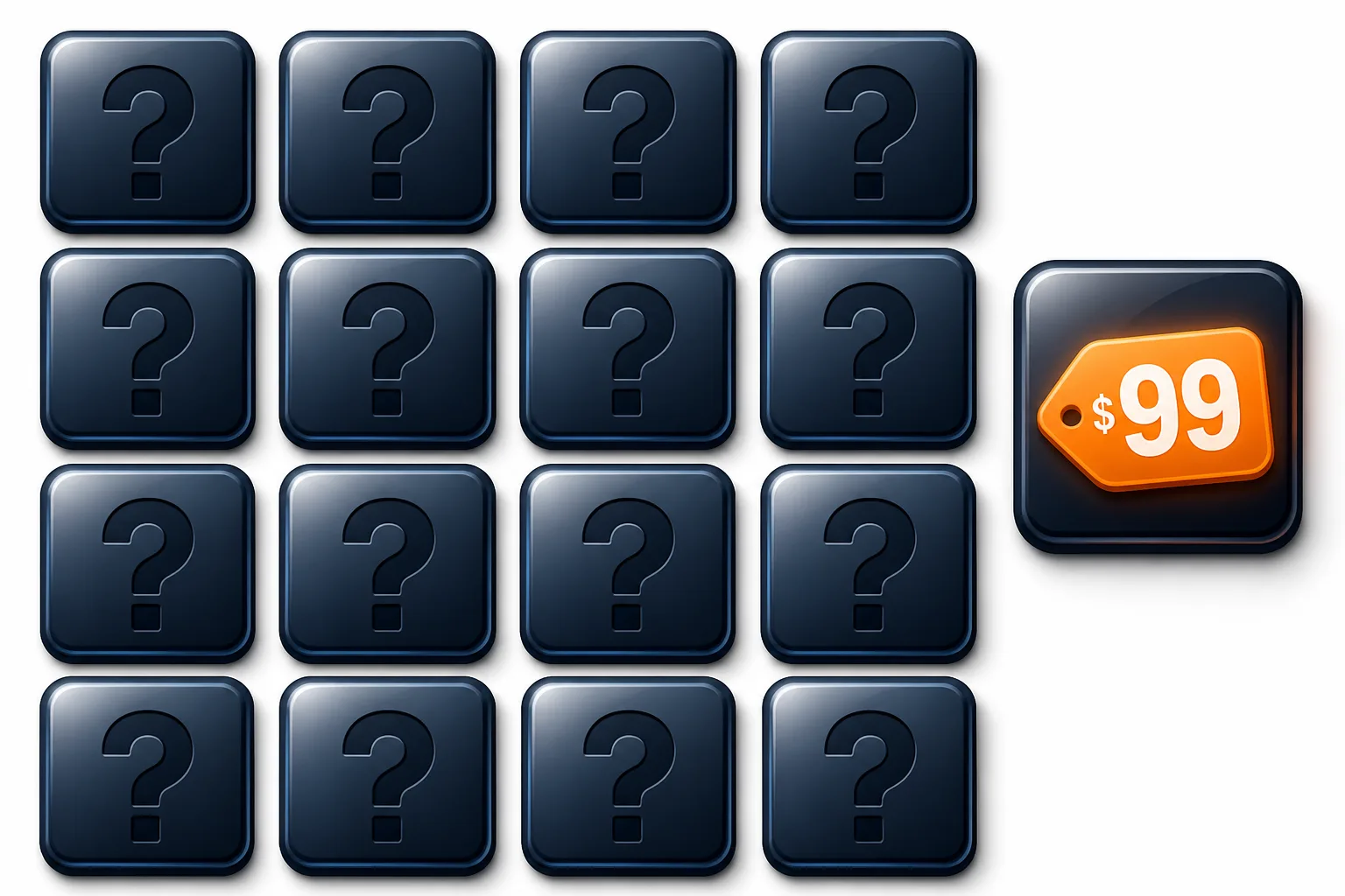Grid of seventeen ledger-tile icons, sixteen marked with a question mark and one marked with a glowing orange 99