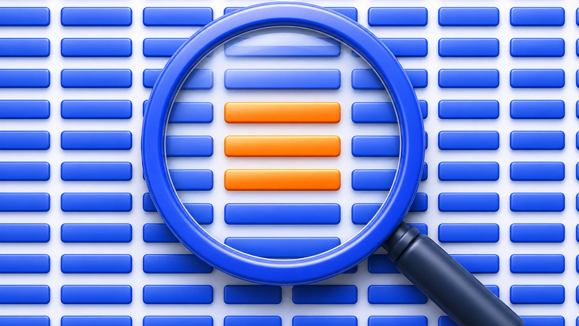 A large magnifying glass over a dense grid of transaction rows; three rows glow orange under the lens while the rest stay blue.