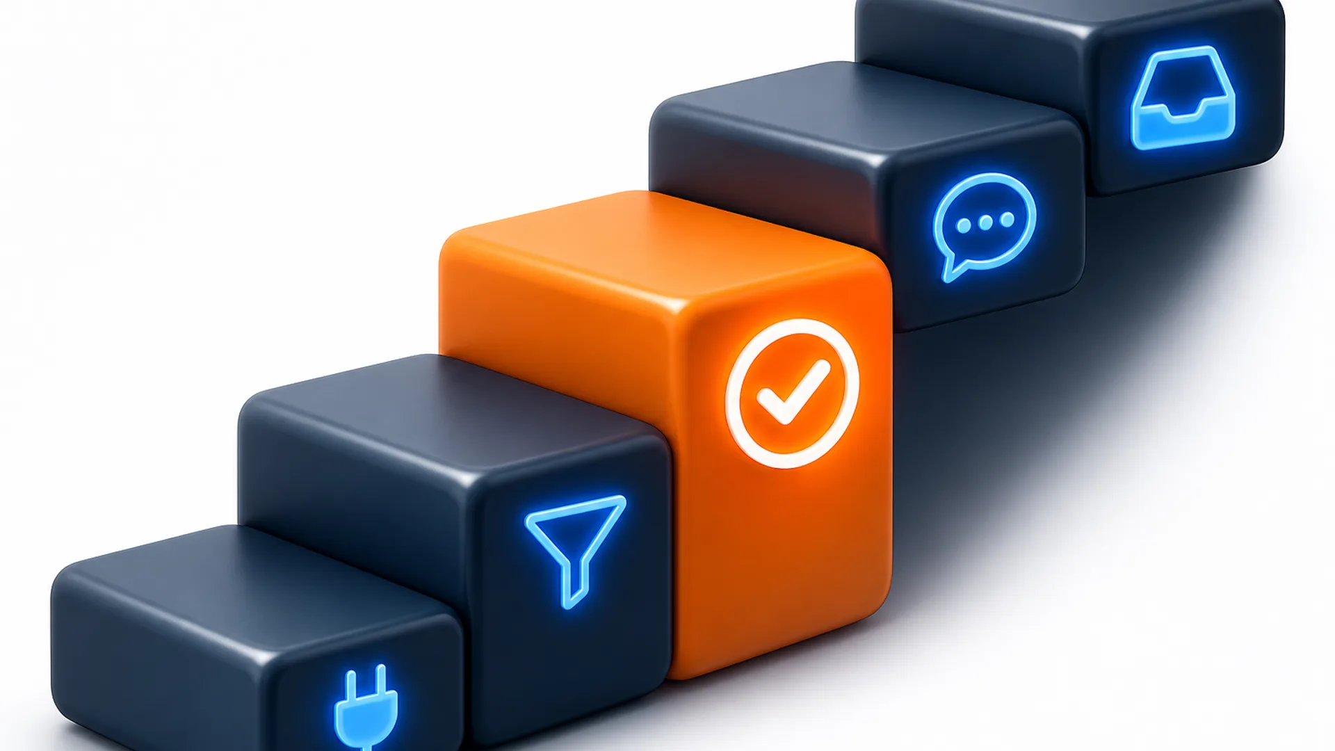 A diagonal staircase with five deep-slate blocks rising left to right. Four steps have glowing blue icons: a plug, a funnel, a speech bubble, and a tray. The third step is solid orange, taller and wider, with a glowing white checkmark.