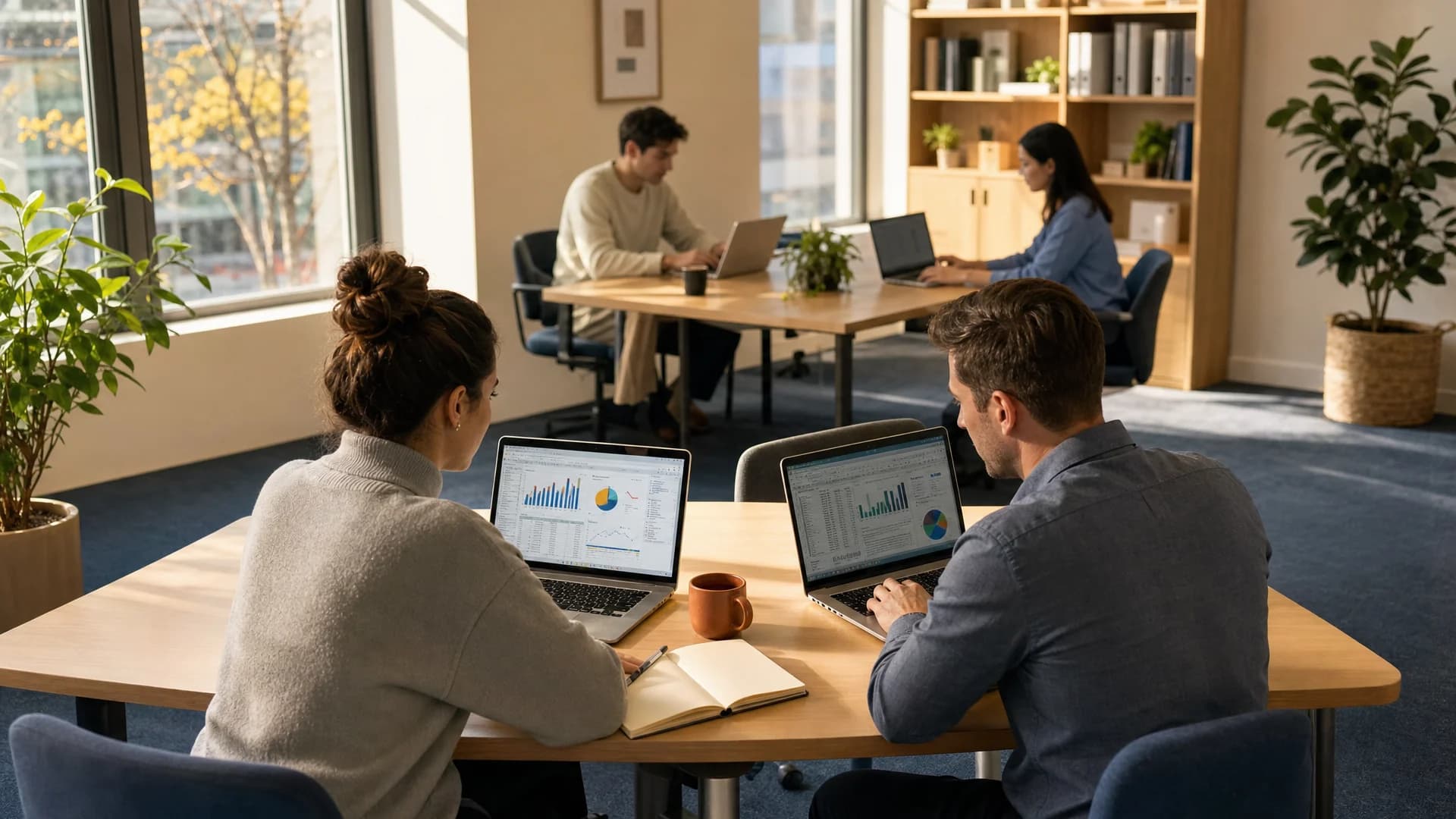 A modern open-plan accounting office viewed from above at an angle, with four people working at desks arranged in a loose cluster, laptops open, warm natural light from tall windows on the left, muted blue and cream color palette with subtle orange accents in desk accessories