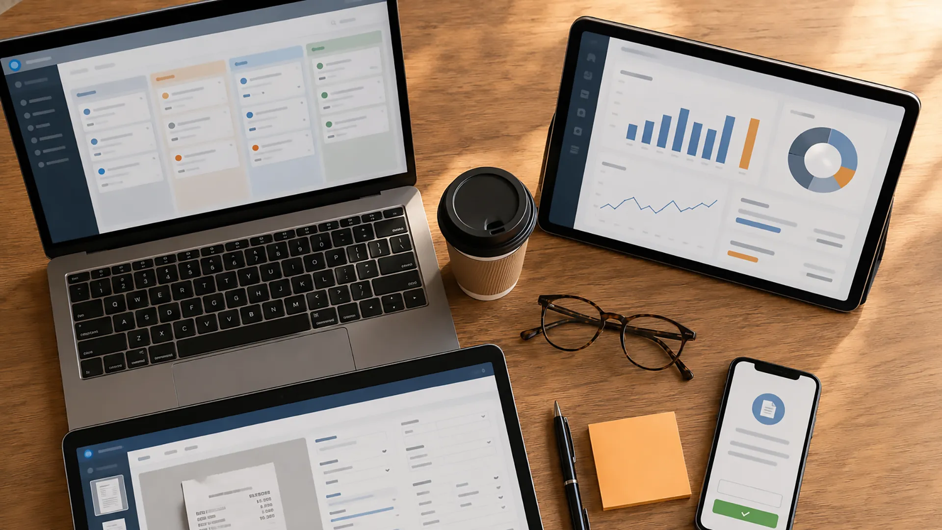 Eye-level view of a small open-plan CPA office with three people working at separate desks, warm natural light from large windows, tidy desks with laptops and coffee mugs