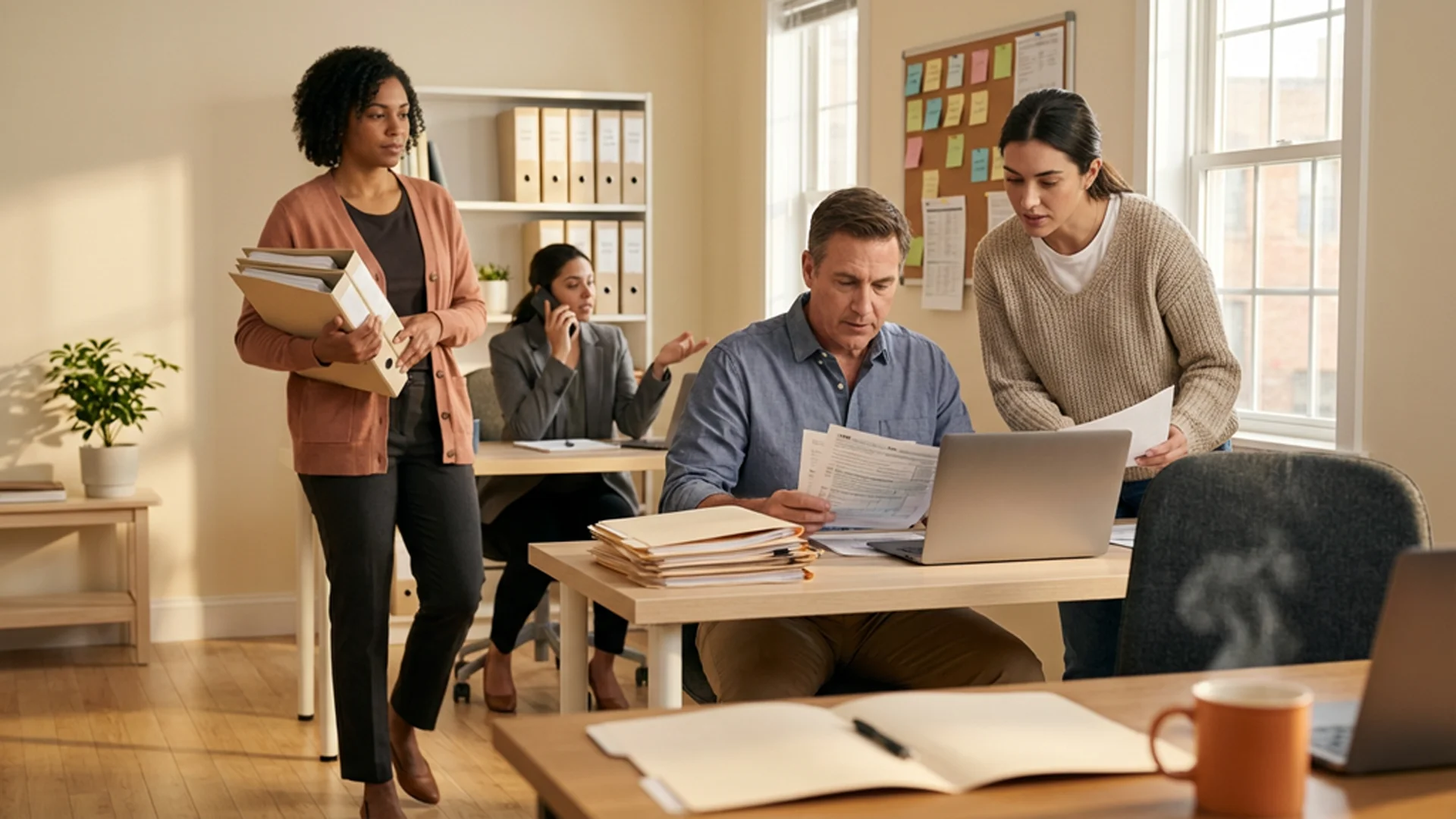 Inside a small busy US CPA firm during tax season: an accountant in a muted-blue shirt seated reviewing tax papers, a colleague in an oatmeal knit jumper standing beside them discussing a printed page, a third in a terracotta cardigan walking past in the background with client binders, and a fourth in a charcoal blazer on the phone in deeper soft focus, with warm afternoon daylight from a window on the right