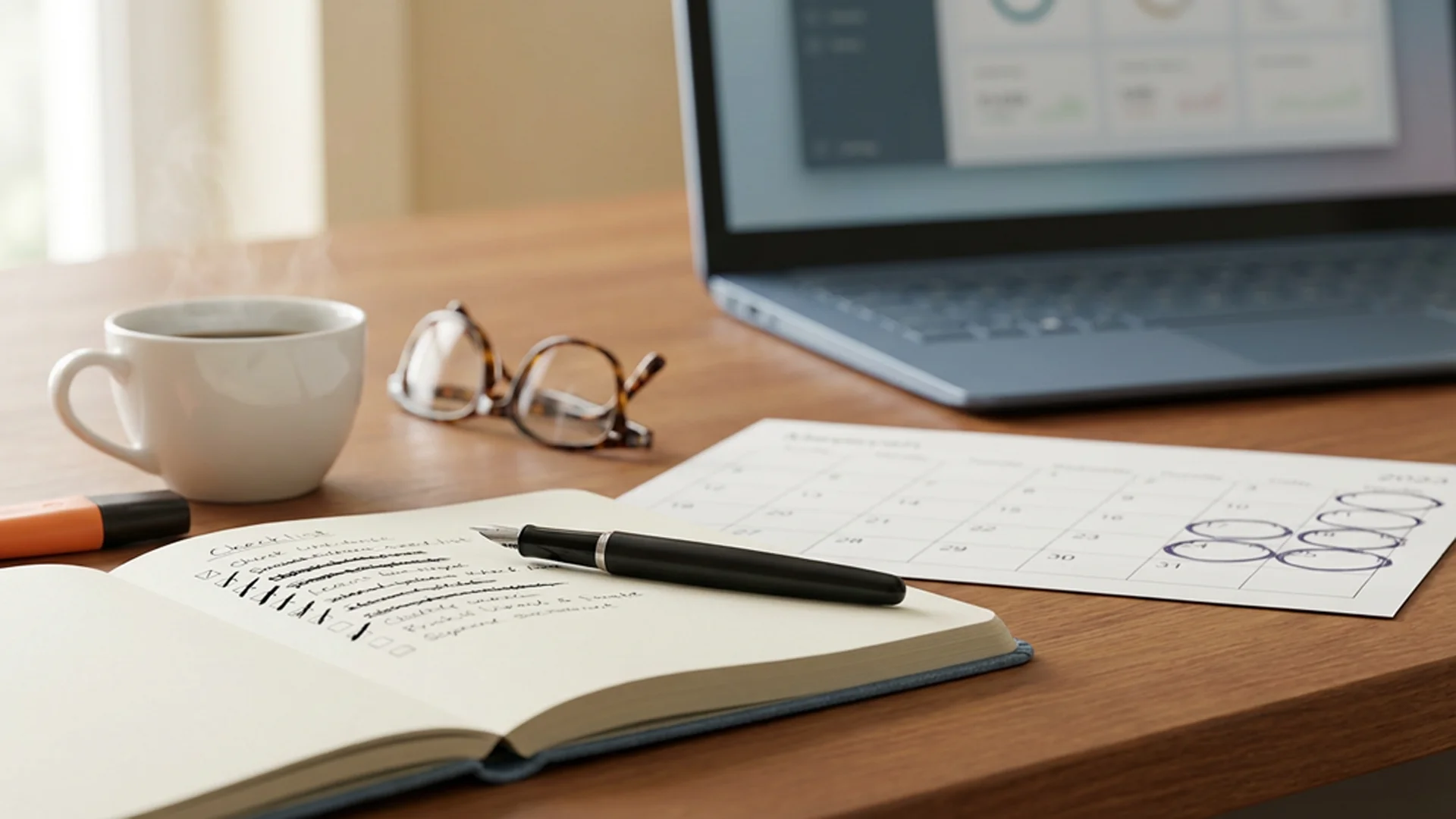 An accountant's desk with a laptop showing a closing dashboard, a paper checklist, a calendar turned to the last day of the month, and a coffee cup, lit by soft natural daylight