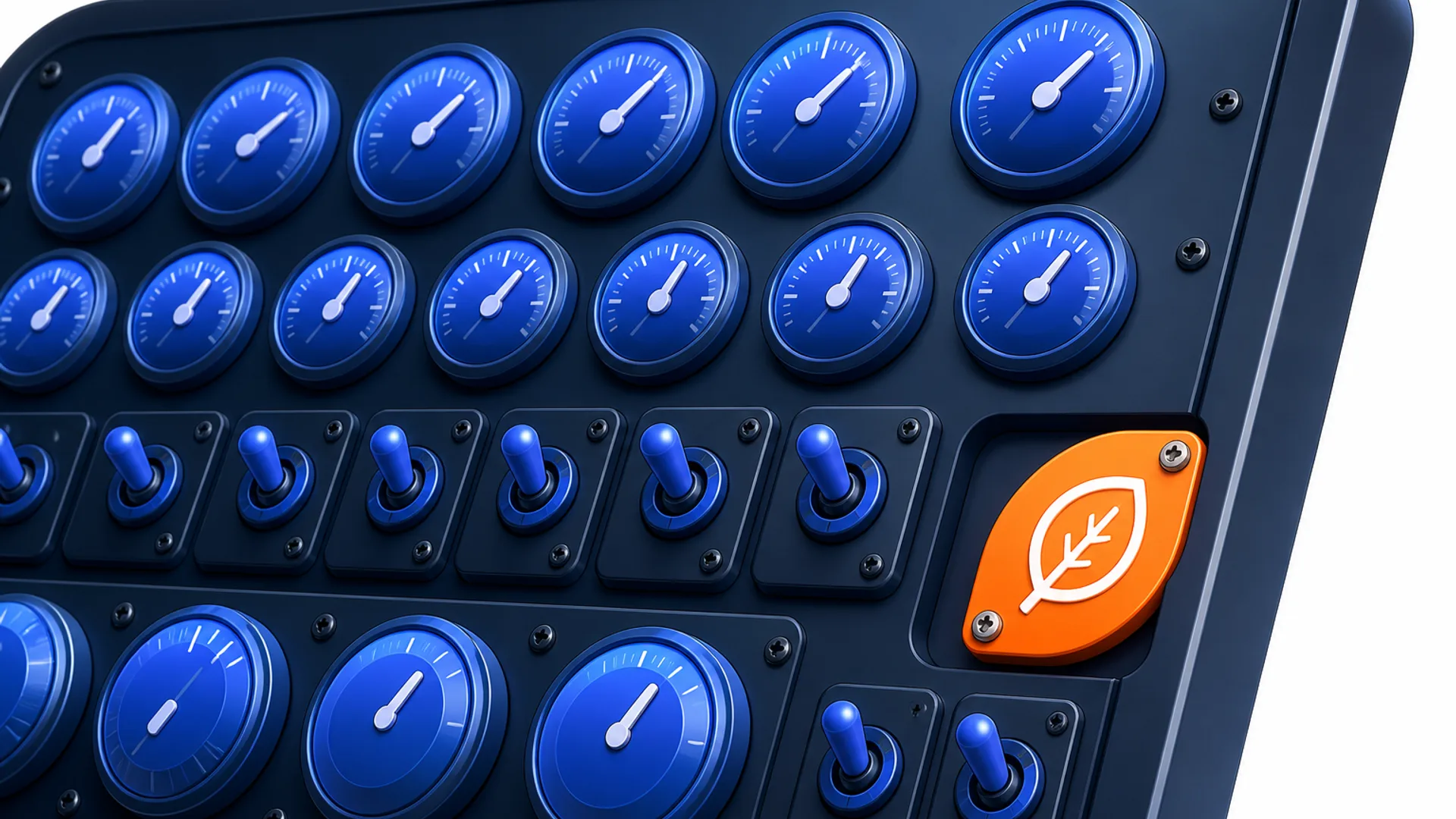 Close-up of a deep slate control panel with rows of blue dials and toggle switches. One orange leaf-shaped gauge sits in a gap, standing out from the uniform blue controls.