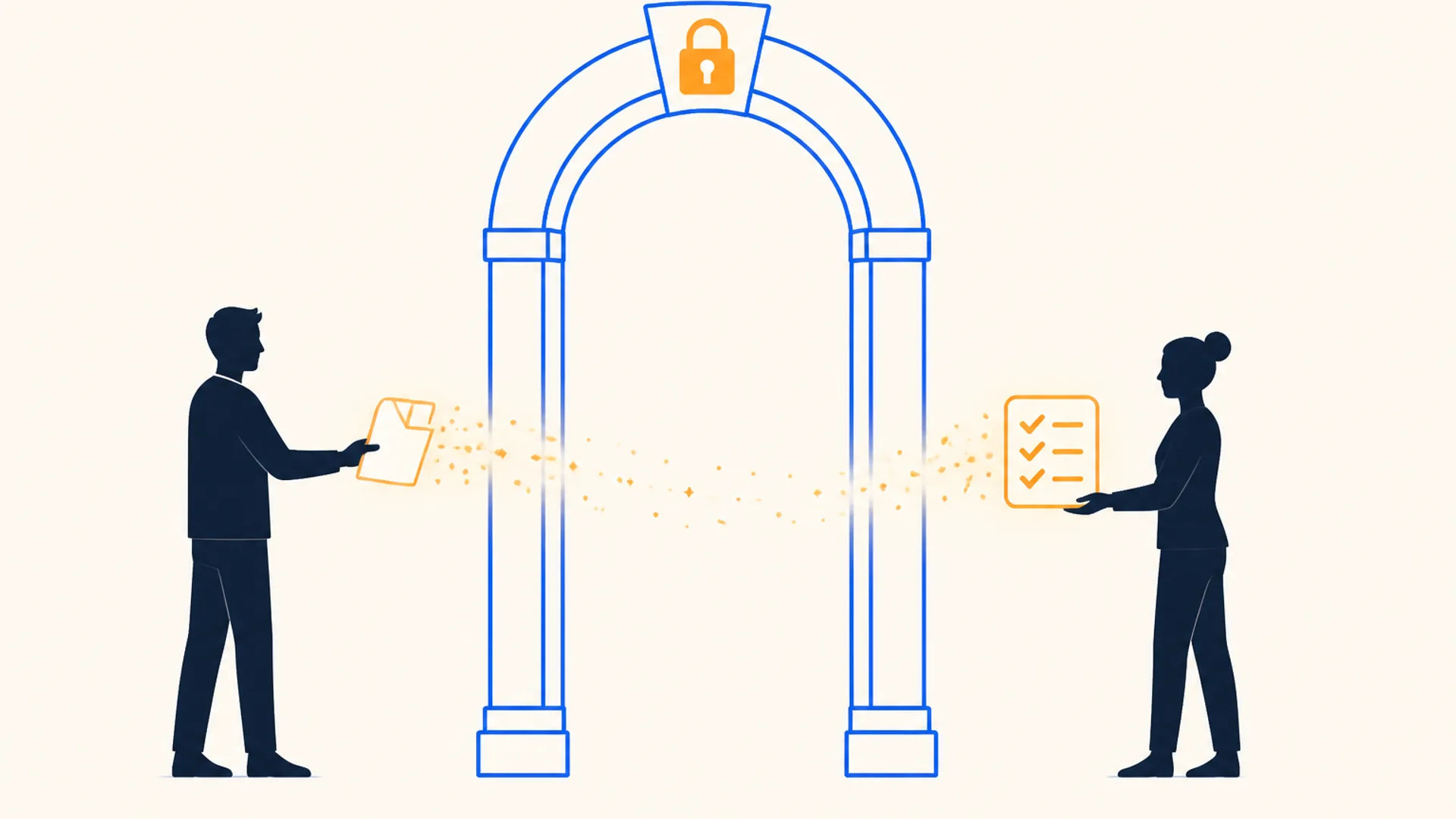 Flat editorial illustration, eye-level view, of a tall glowing archway standing alone on a warm off-white background with a small padlock icon in brand orange set into its keystone. On the left, a deep-slate silhouette of a client figure holds out a folded document that dissolves into light as it crosses into the archway. On the right, a deep-slate silhouette of an accountant figure receives a glowing checklist stamped with a checkmark as it emerges. No desk, laptop, phone, or coffee cup in the scene.